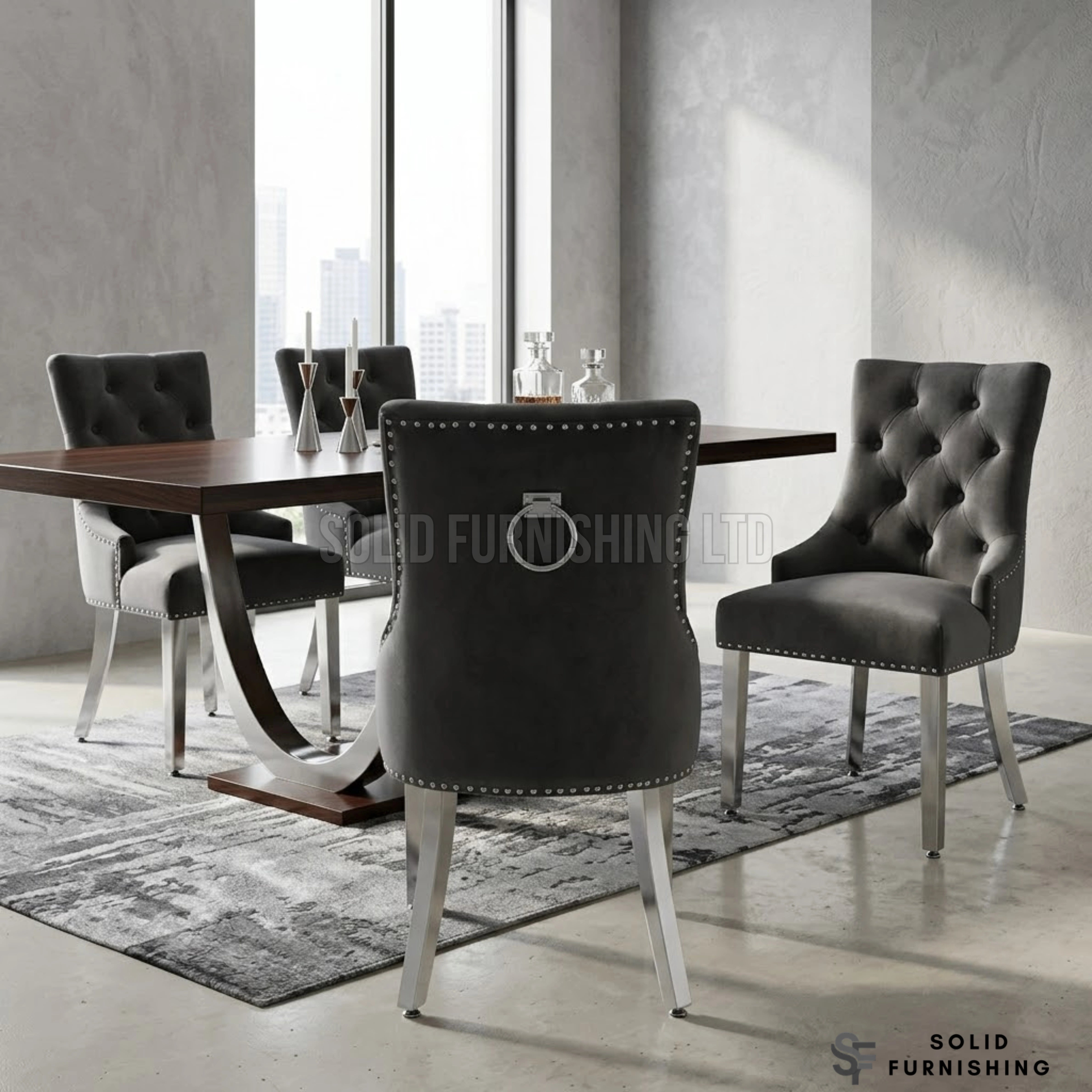 Valencia Plain Back Ring Knocker Velvet Dining Chairs – Chrome Legs (Set of 2)