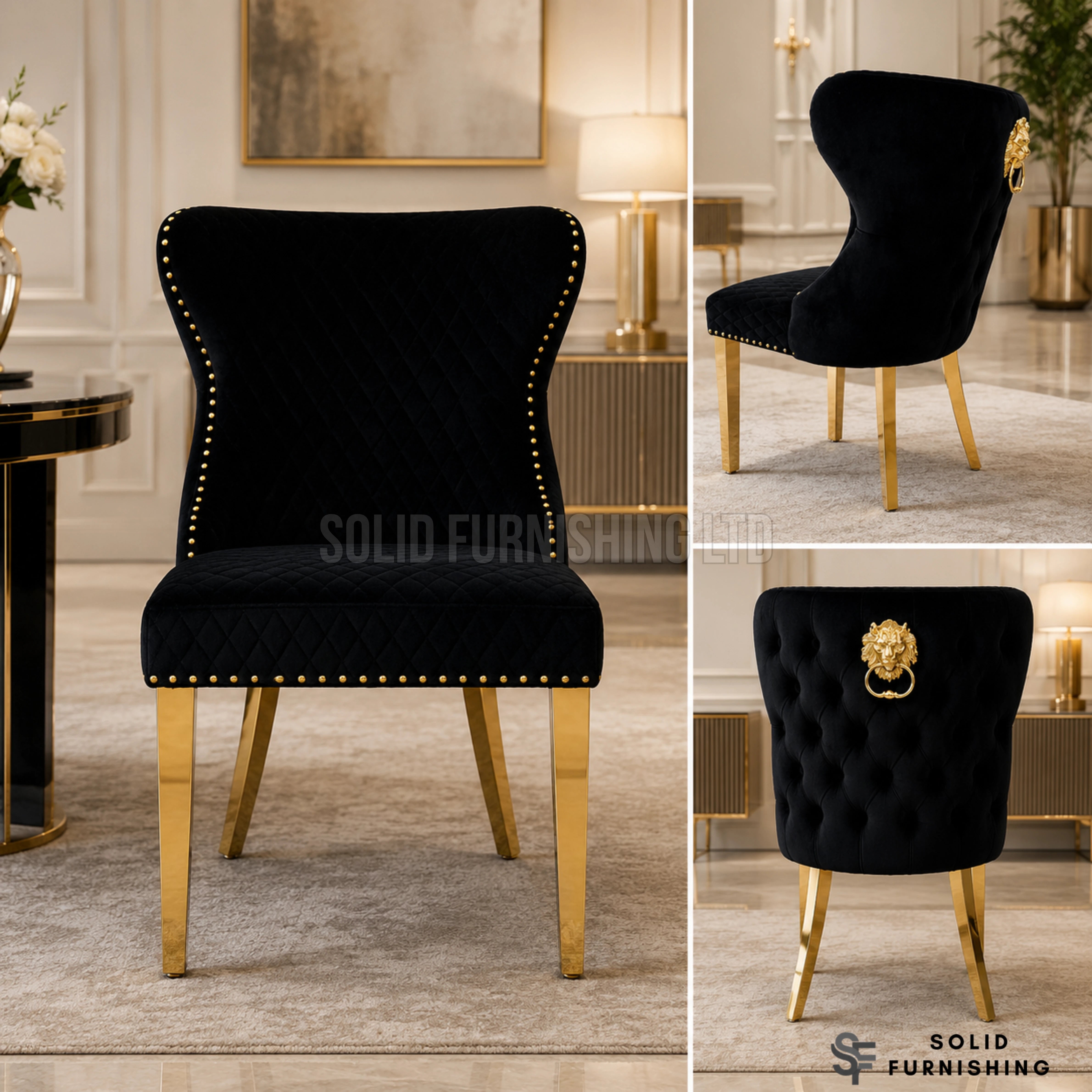 Valentino Gold Lion Knocker Velvet Dining Chairs – Black or Mink (Set of 2)