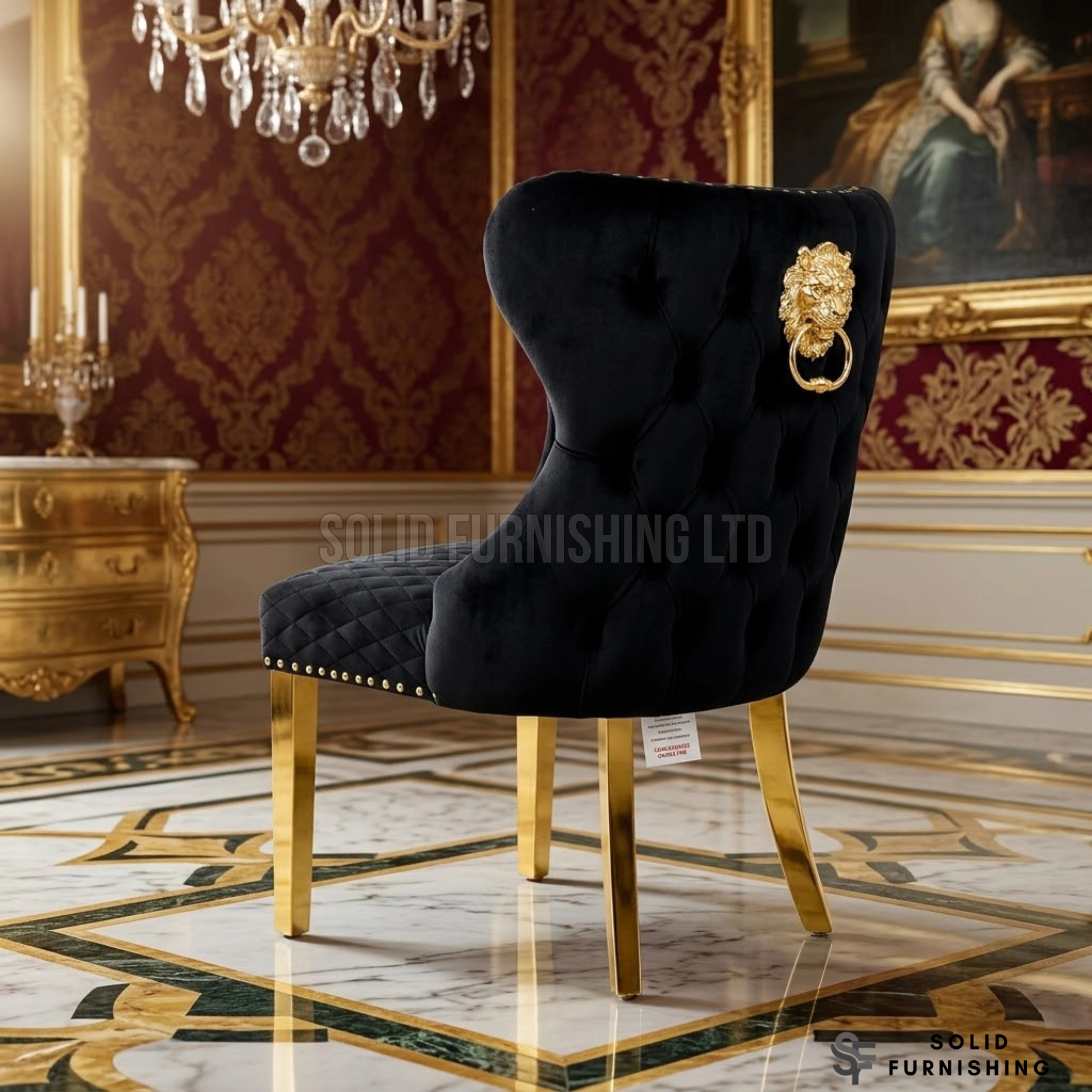 Valentino Gold Lion Knocker Velvet Dining Chairs – Black or Mink (Set of 2)