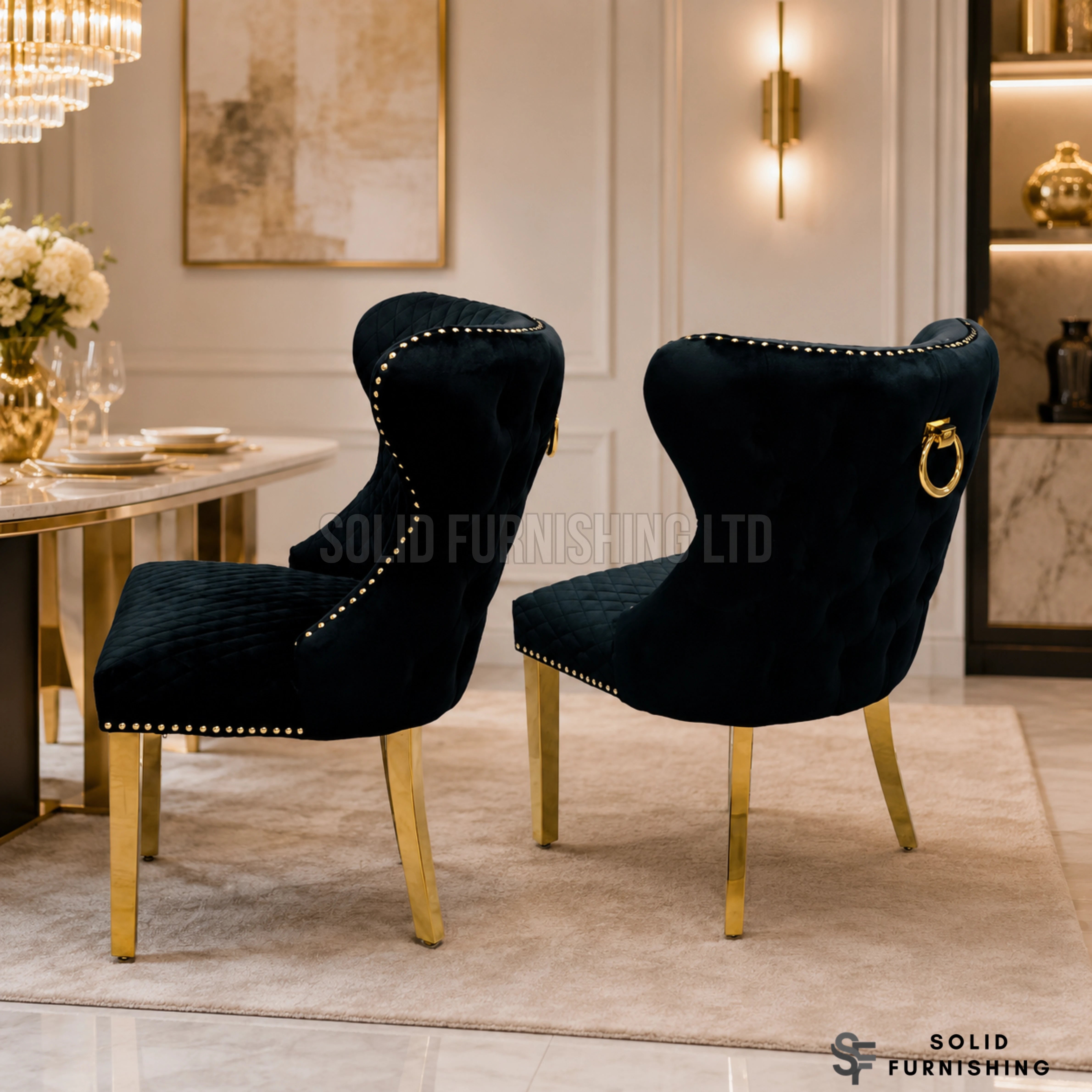 Valentino Gold Ring Knocker Velvet Dining Chairs – Black or Mink (Set of 2)