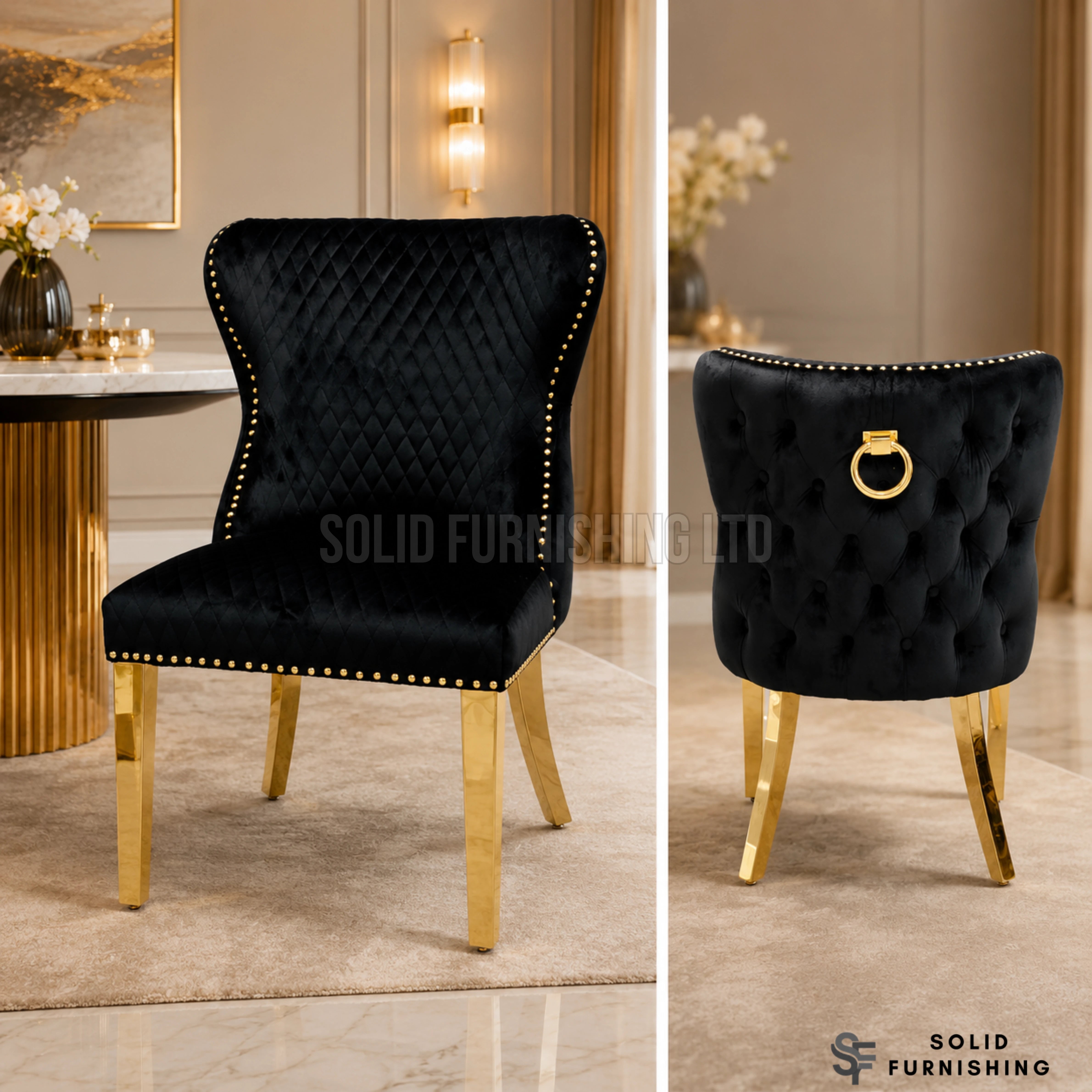 Valentino Gold Ring Knocker Velvet Dining Chairs – Black or Mink (Set of 2)