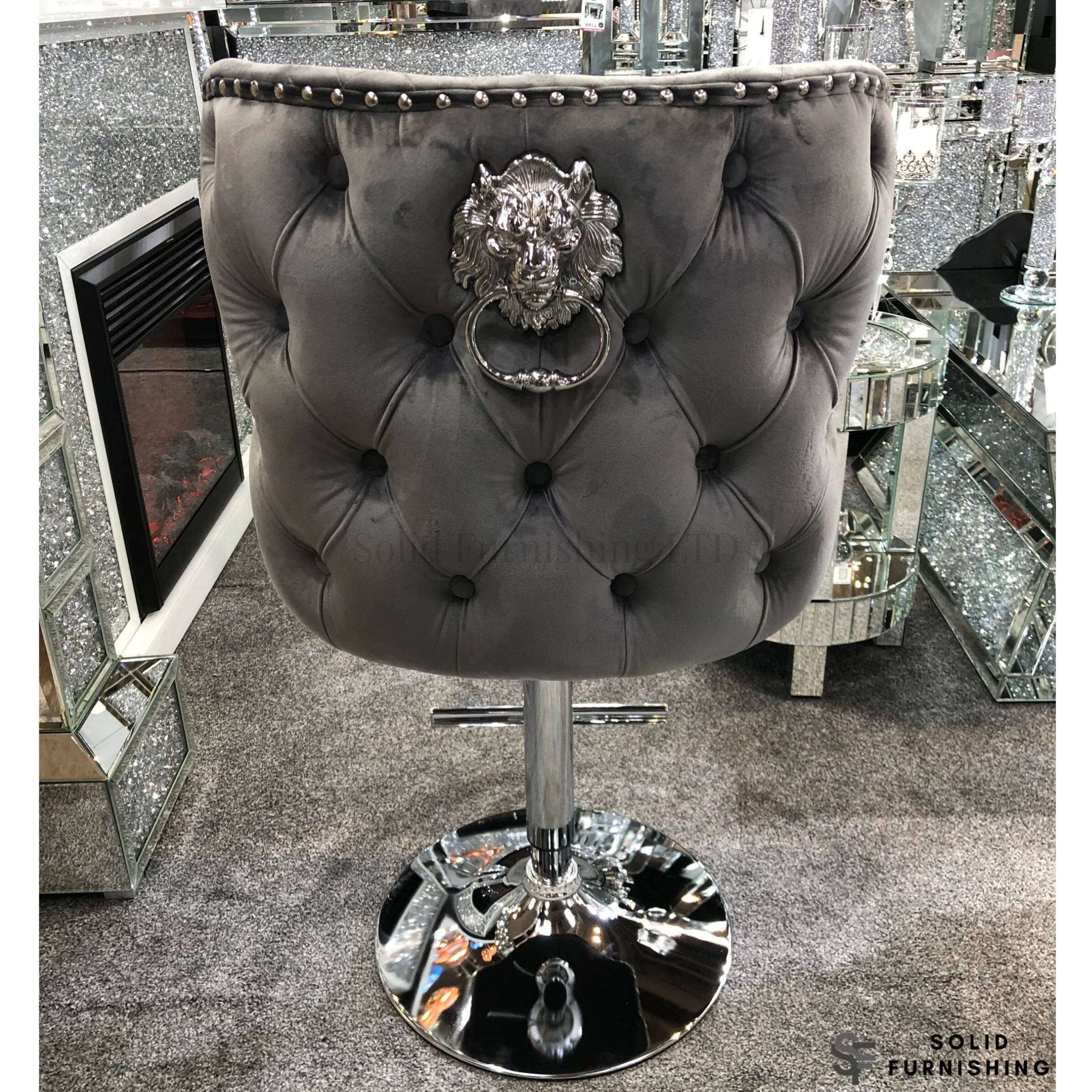 Valentino Grey Velvet Swivel Bar Stool – Chrome Lion Knocker Breakfast Bar Chair