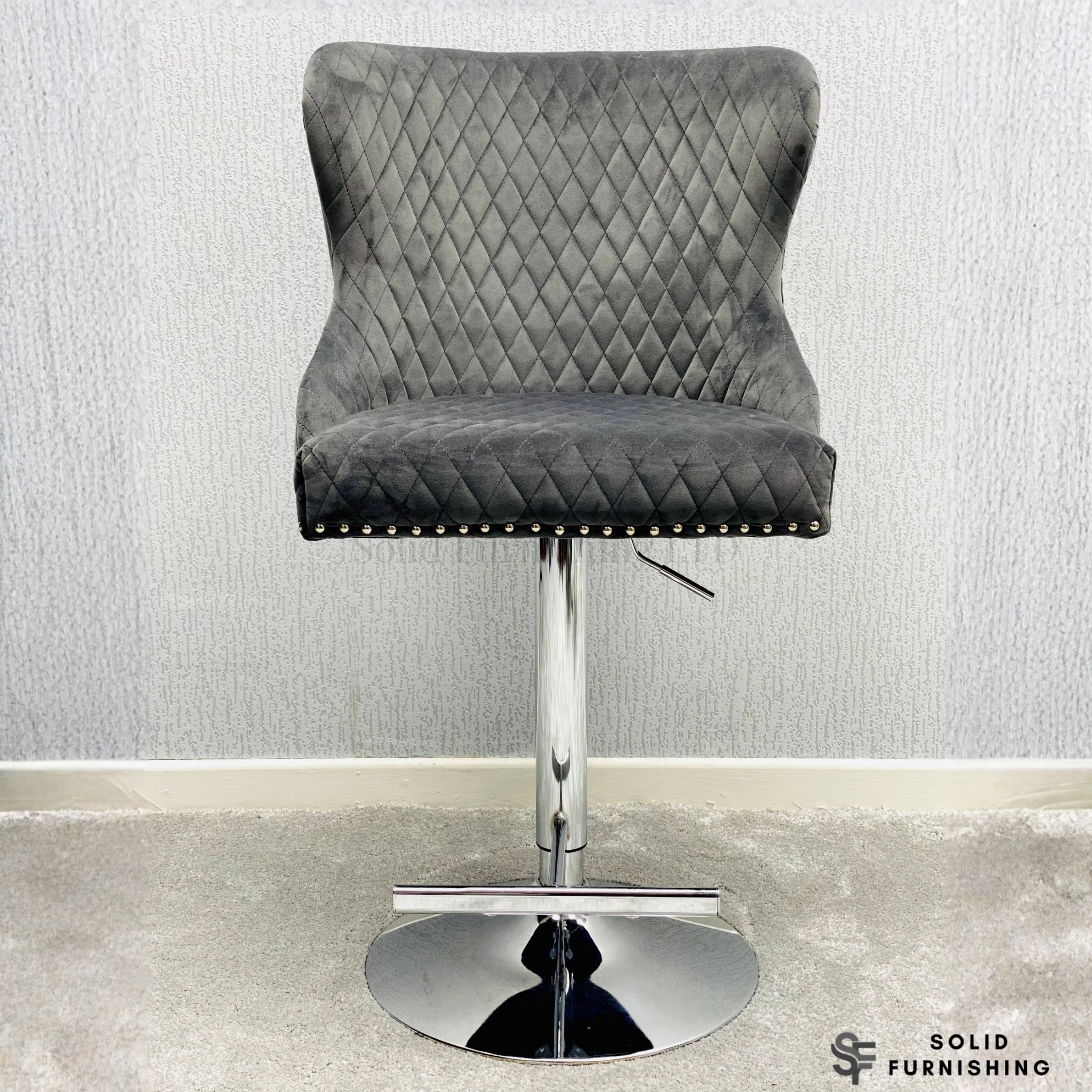 Valentino Grey Velvet Swivel Bar Stool – Chrome Lion Knocker Breakfast Bar Chair