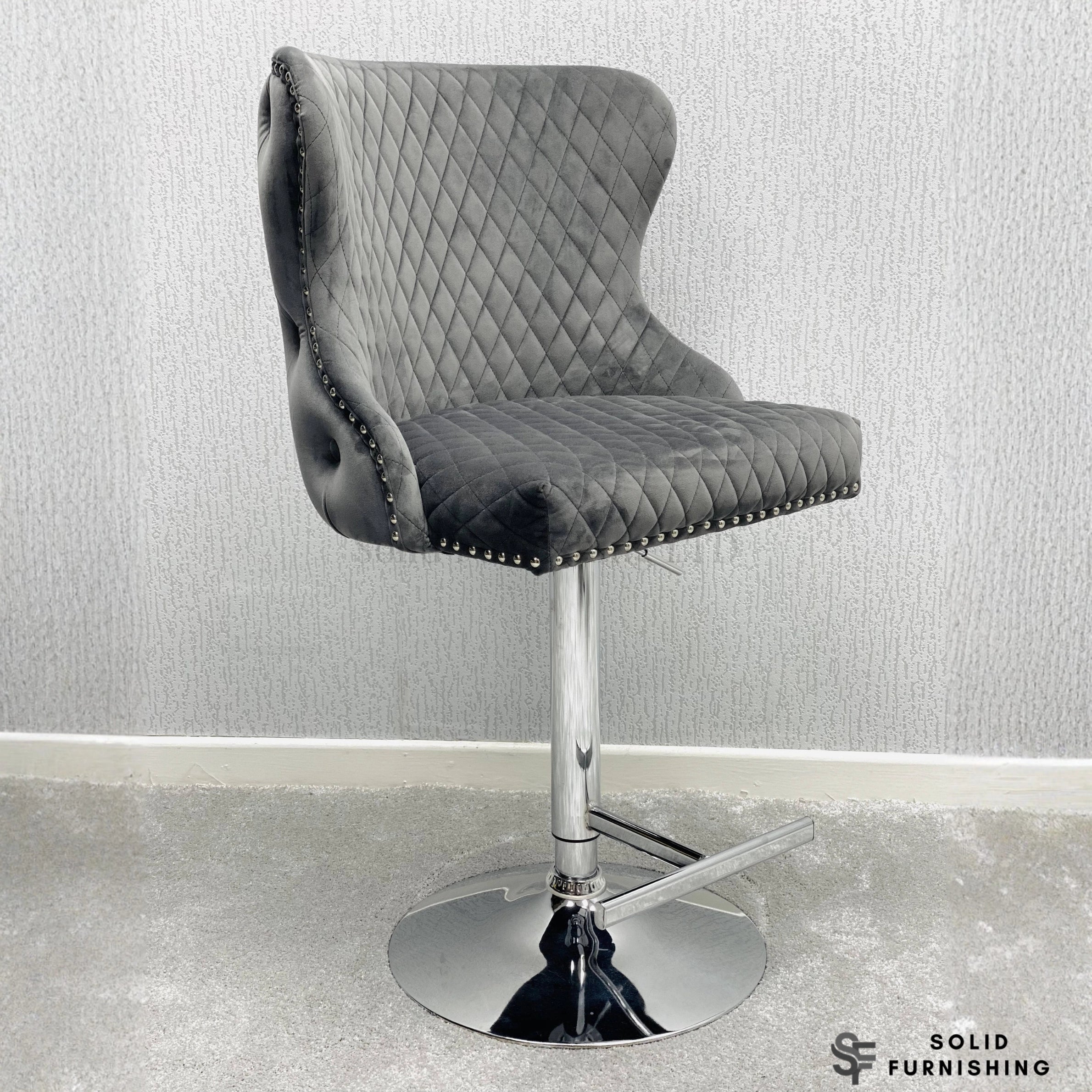 Valentino Grey Velvet Swivel Bar Stool – Chrome Lion Knocker Breakfast Bar Chair