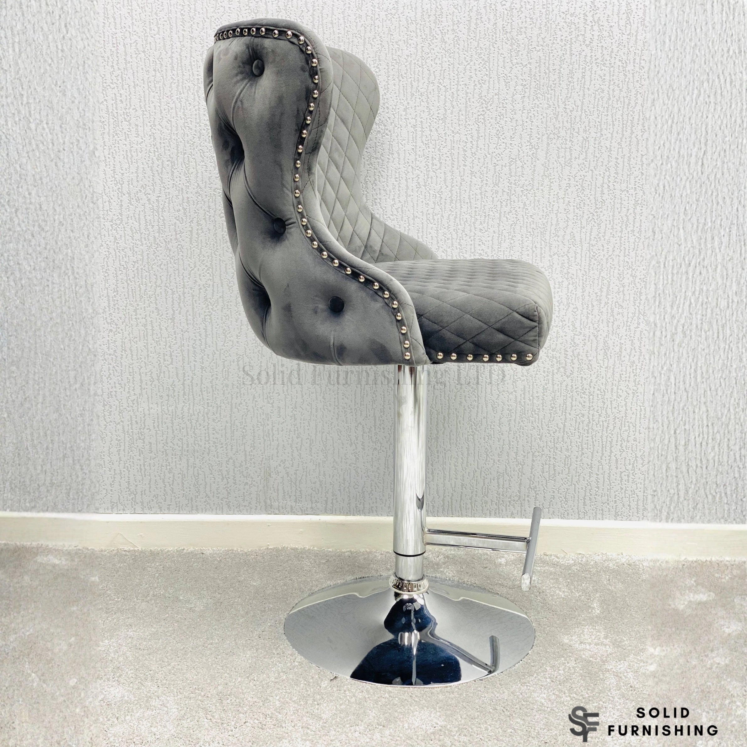 Valentino Grey Velvet Swivel Bar Stool – Chrome Lion Knocker Breakfast Bar Chair