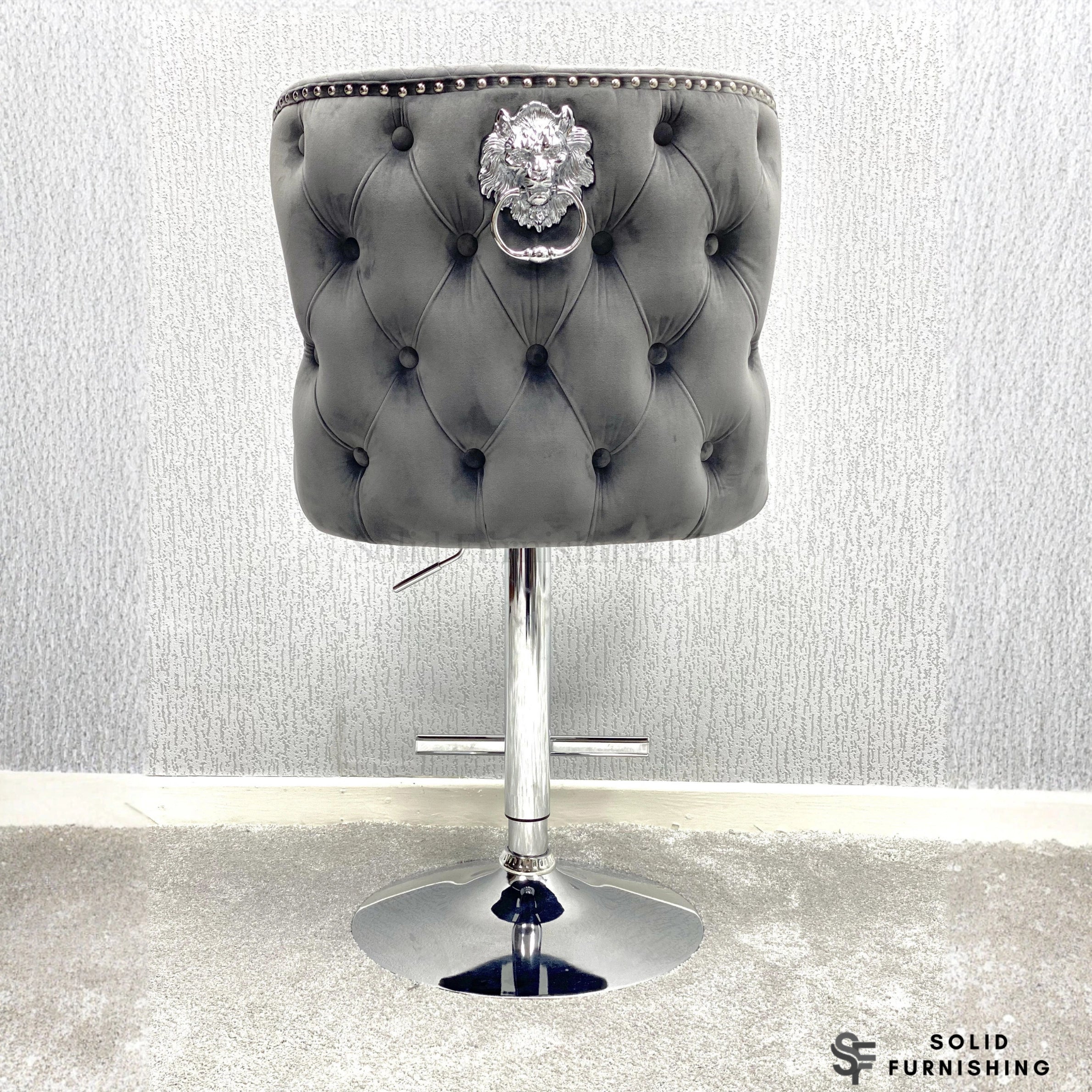 Valentino Grey Velvet Swivel Bar Stool – Chrome Lion Knocker Breakfast Bar Chair