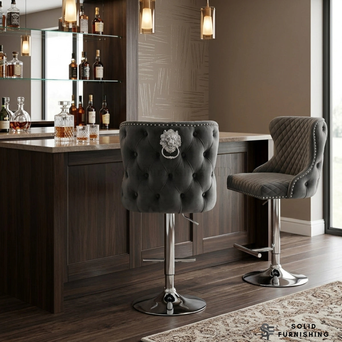 Valentino Grey Velvet Swivel Bar Stool – Chrome Lion Knocker Breakfast Bar Chair