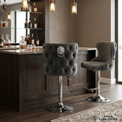 Valentino Grey Velvet Swivel Bar Stool – Chrome Lion Knocker Breakfast Bar Chair