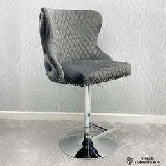 Valentino Grey Velvet Swivel Bar Stool – Chrome Lion Knocker Breakfast Bar Chair