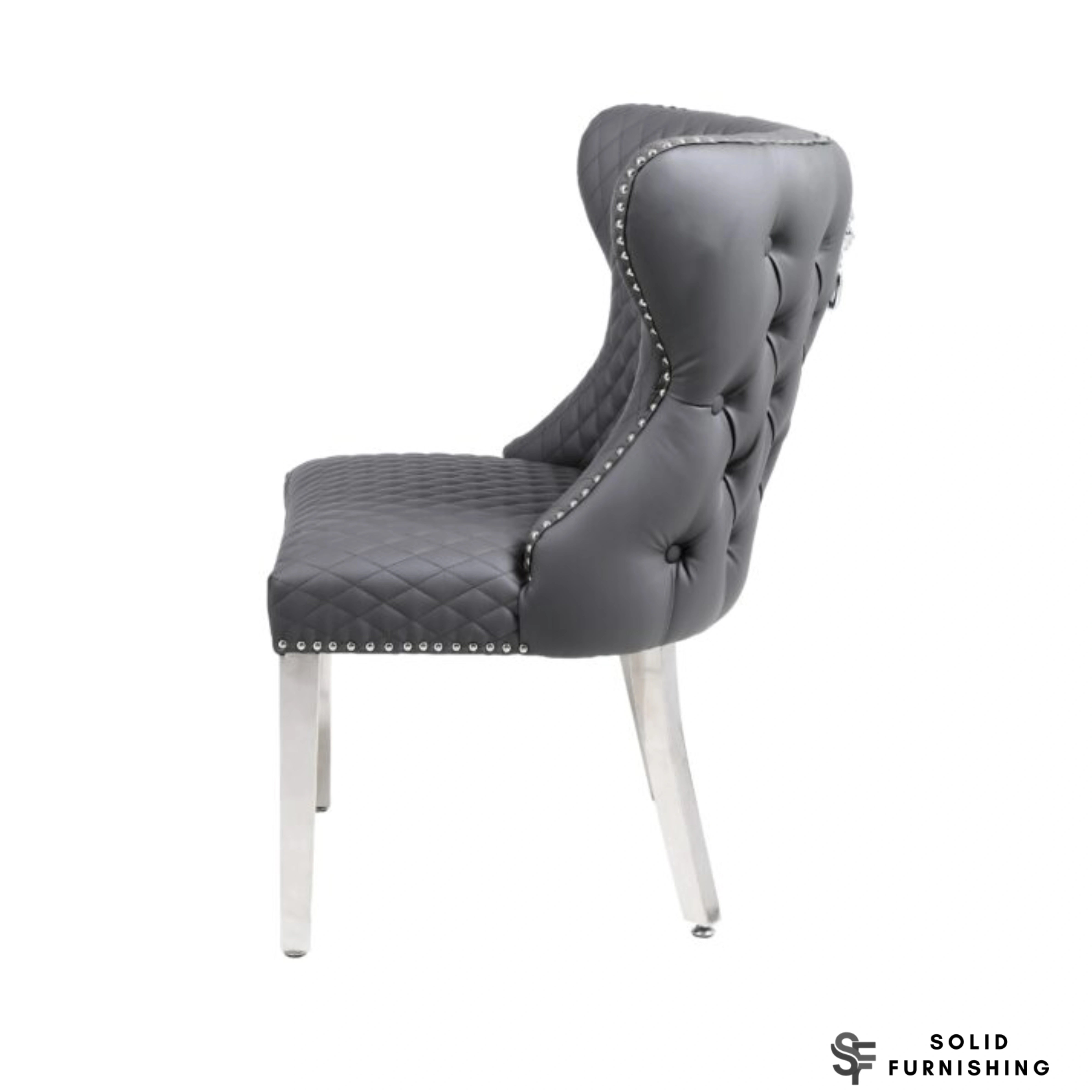 Valentino Hudson Grey PU Faux Leather Dining Chairs – Lion Knocker Chrome Leg Chairs (Set of 2)
