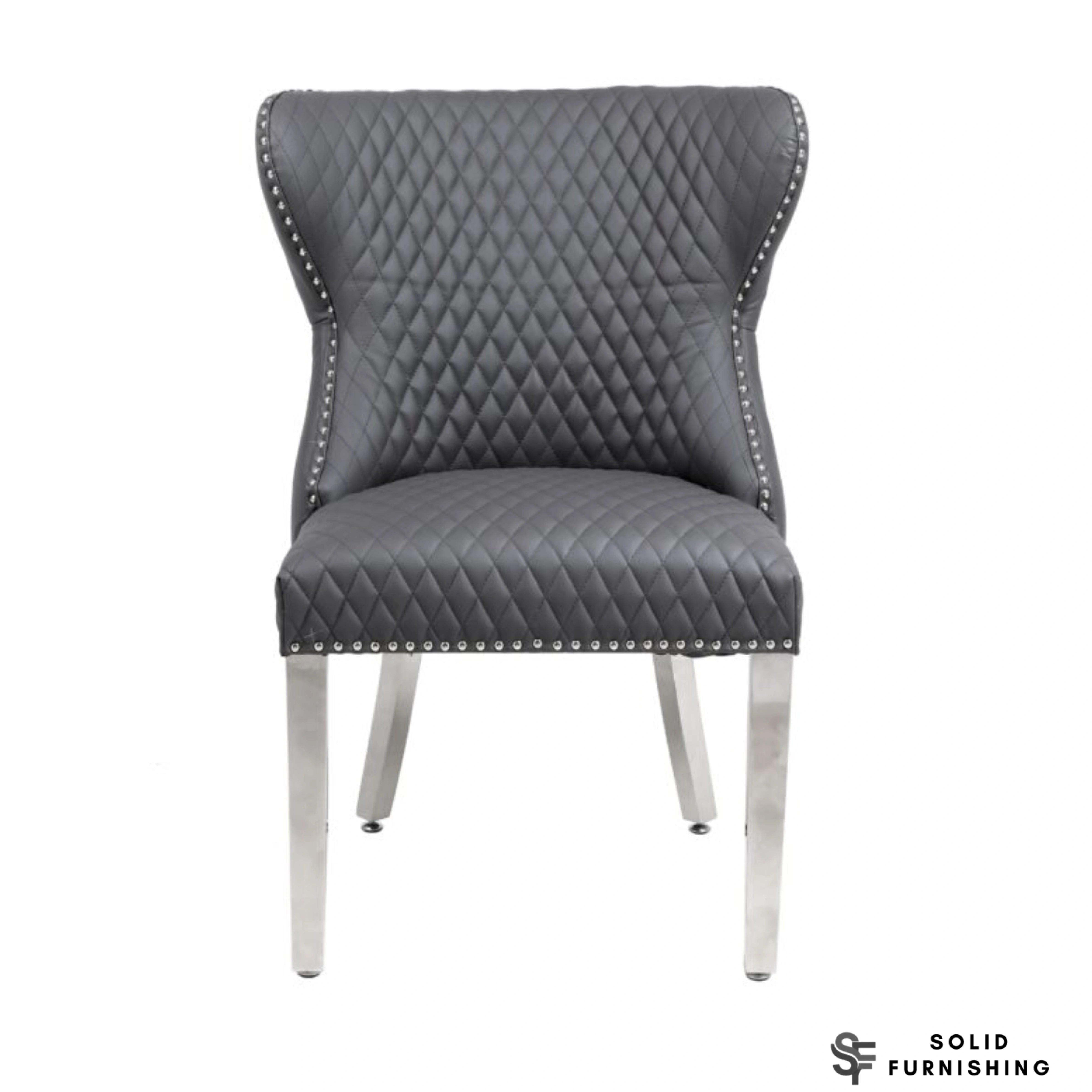 Valentino Hudson Grey PU Faux Leather Dining Chairs – Lion Knocker Chrome Leg Chairs (Set of 2)
