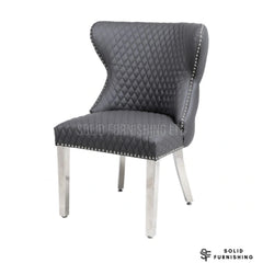 Valentino Hudson Grey PU Faux Leather Dining Chairs – Lion Knocker Chrome Leg Chairs (Set of 2)