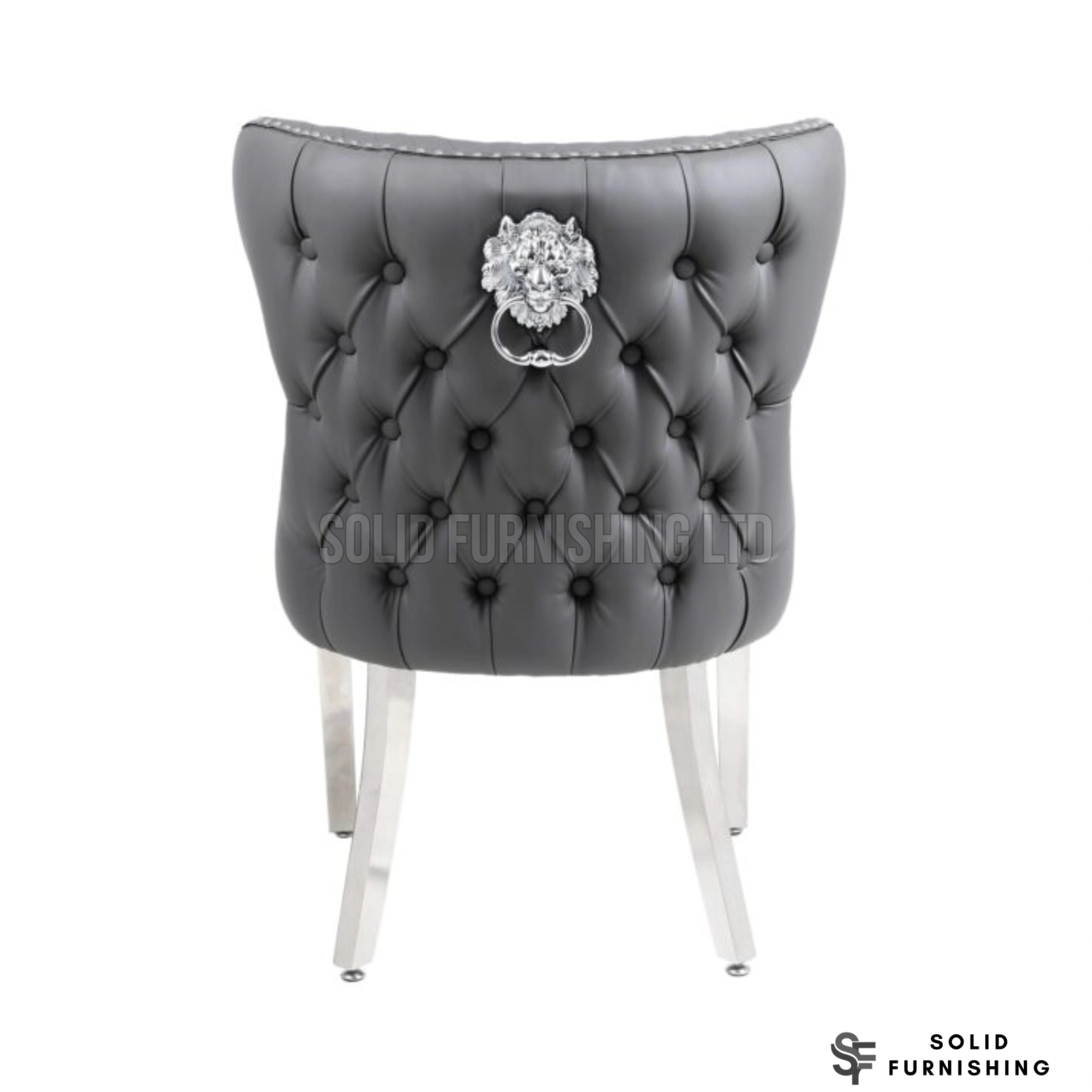 Valentino Hudson Grey PU Faux Leather Dining Chairs – Lion Knocker Chrome Leg Chairs (Set of 2)