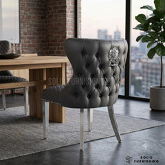 Valentino Hudson Grey PU Faux Leather Dining Chairs – Lion Knocker Chrome Leg Chairs (Set of 2)