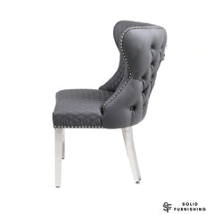 Valentino Hudson Grey PU Faux Leather Dining Chairs – Lion Knocker Chrome Leg Chairs (Set of 2)