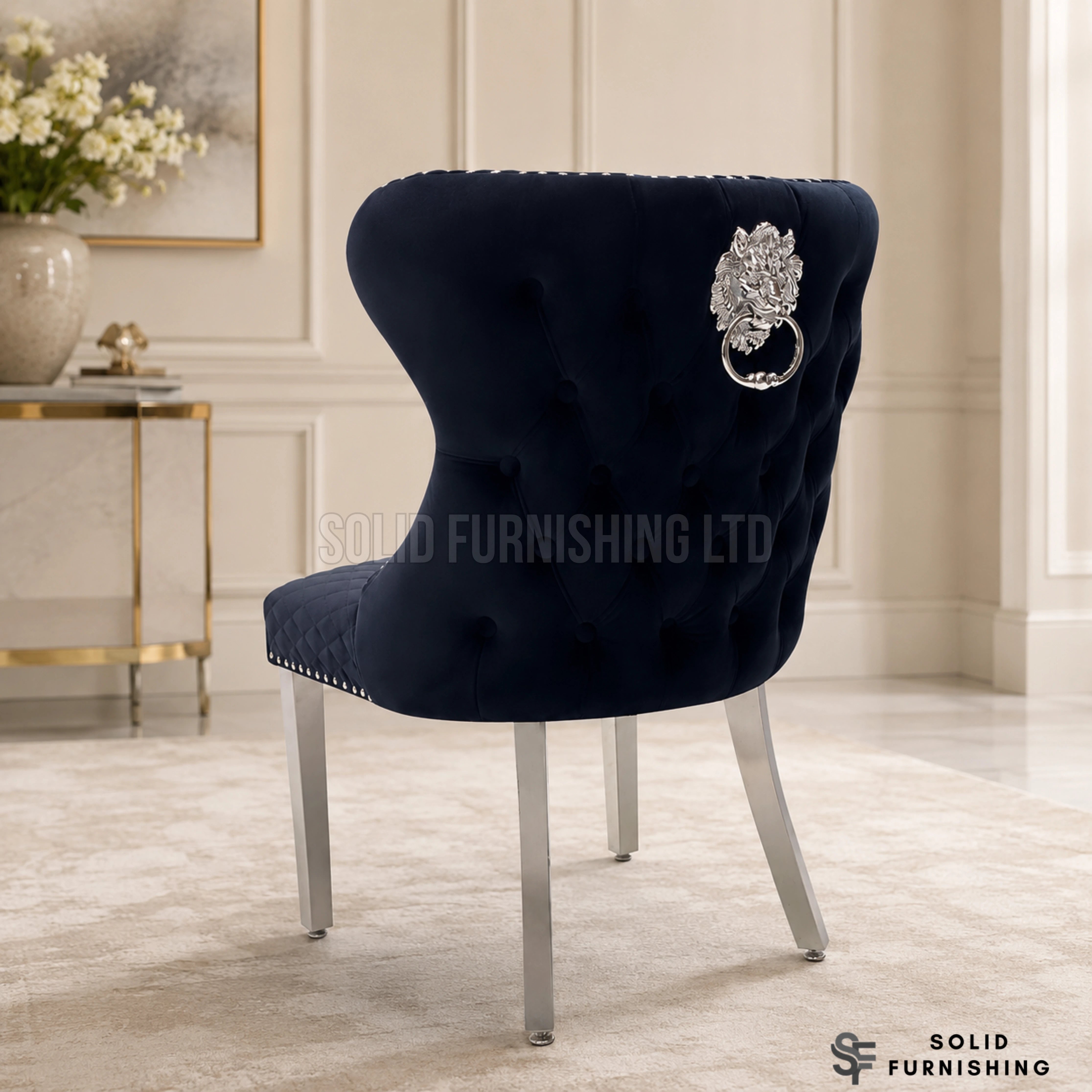 Valentino Lion Knocker Velvet Dining Chairs in Chrome Legs (Set of 2)