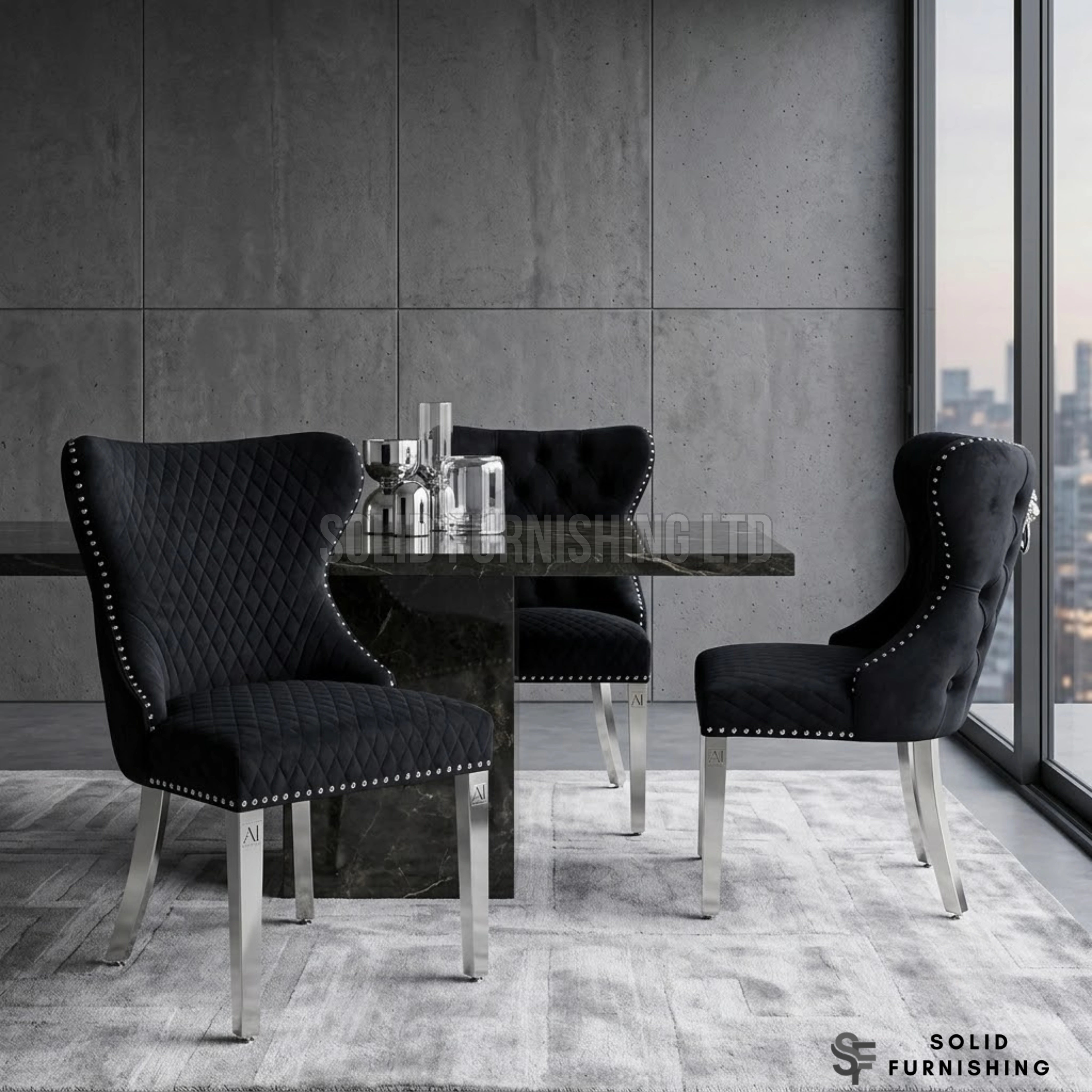 Valentino Lion Knocker Velvet Dining Chairs in Chrome Legs (Set of 2)