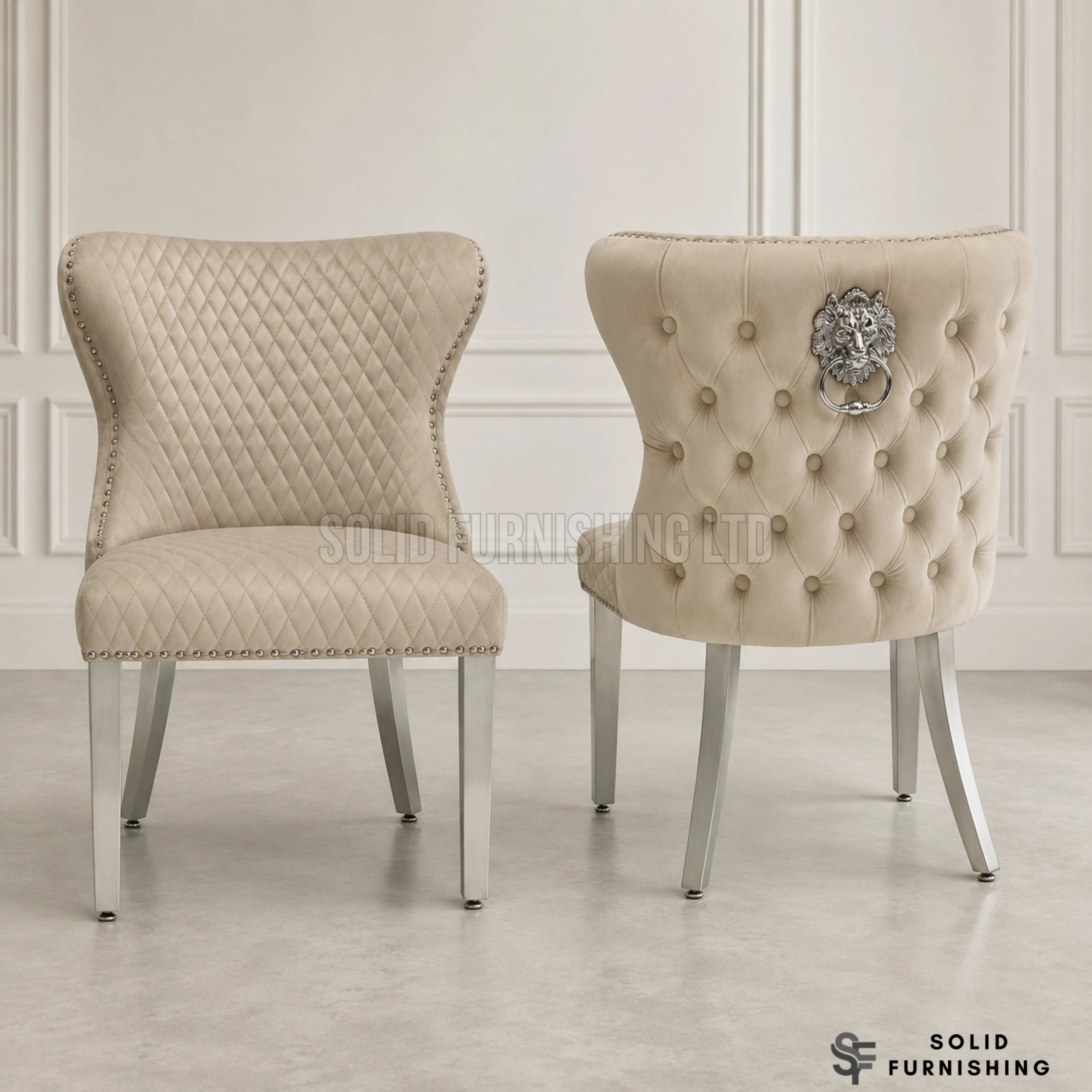 Valentino Lion Knocker Velvet Dining Chairs in Chrome Legs (Set of 2)