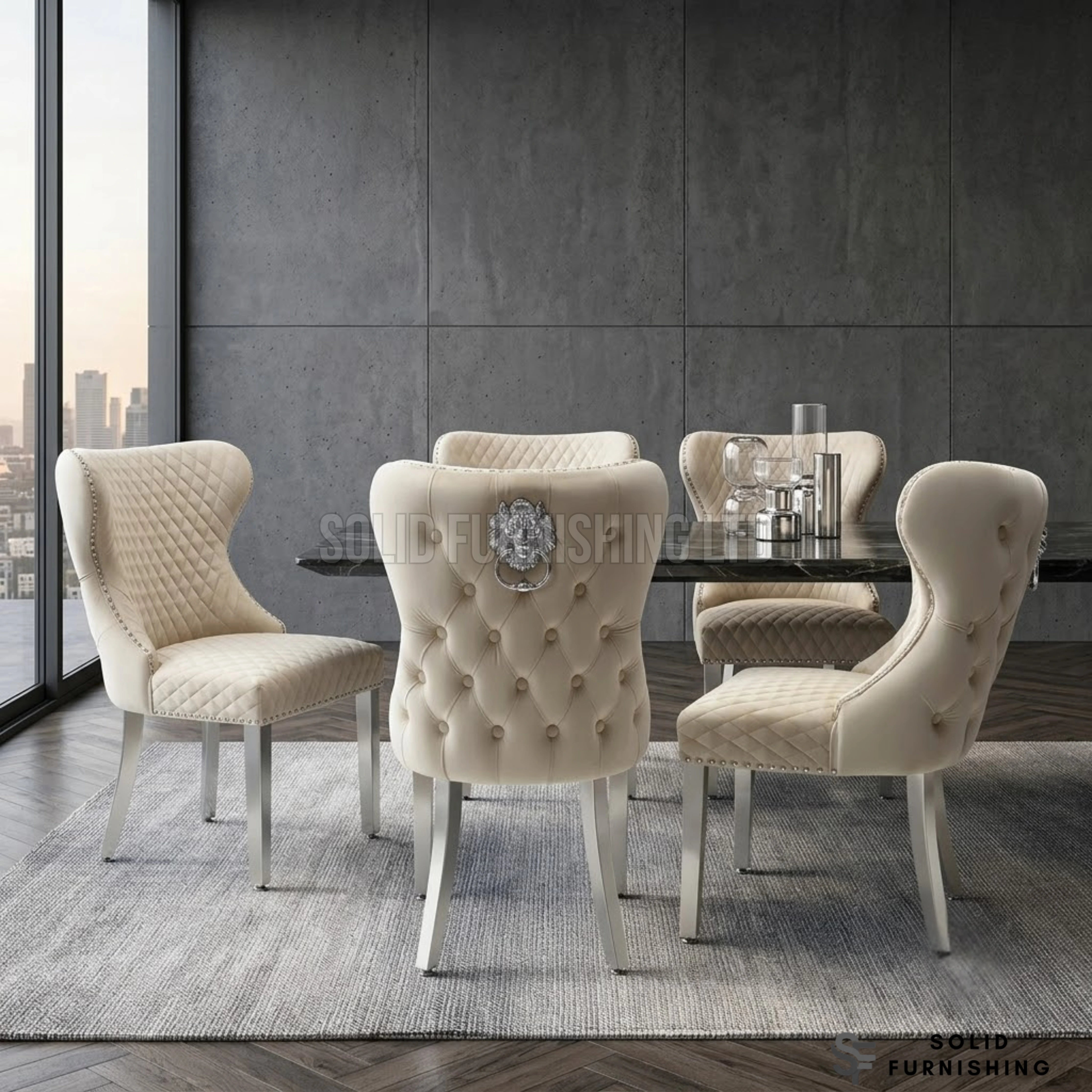 Valentino Lion Knocker Velvet Dining Chairs in Chrome Legs (Set of 2)