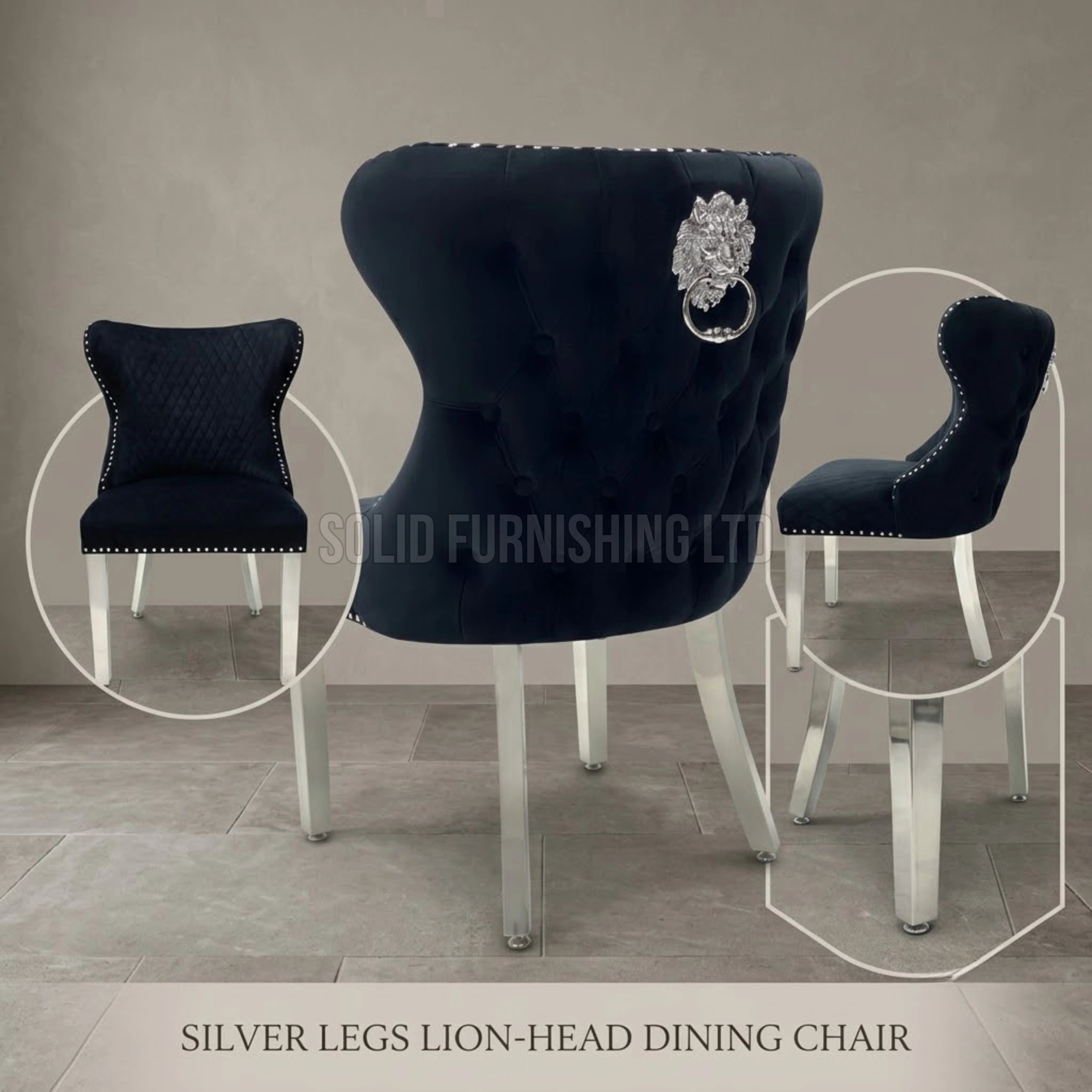 Valentino Lion Knocker Velvet Dining Chairs in Chrome Legs (Set of 2)