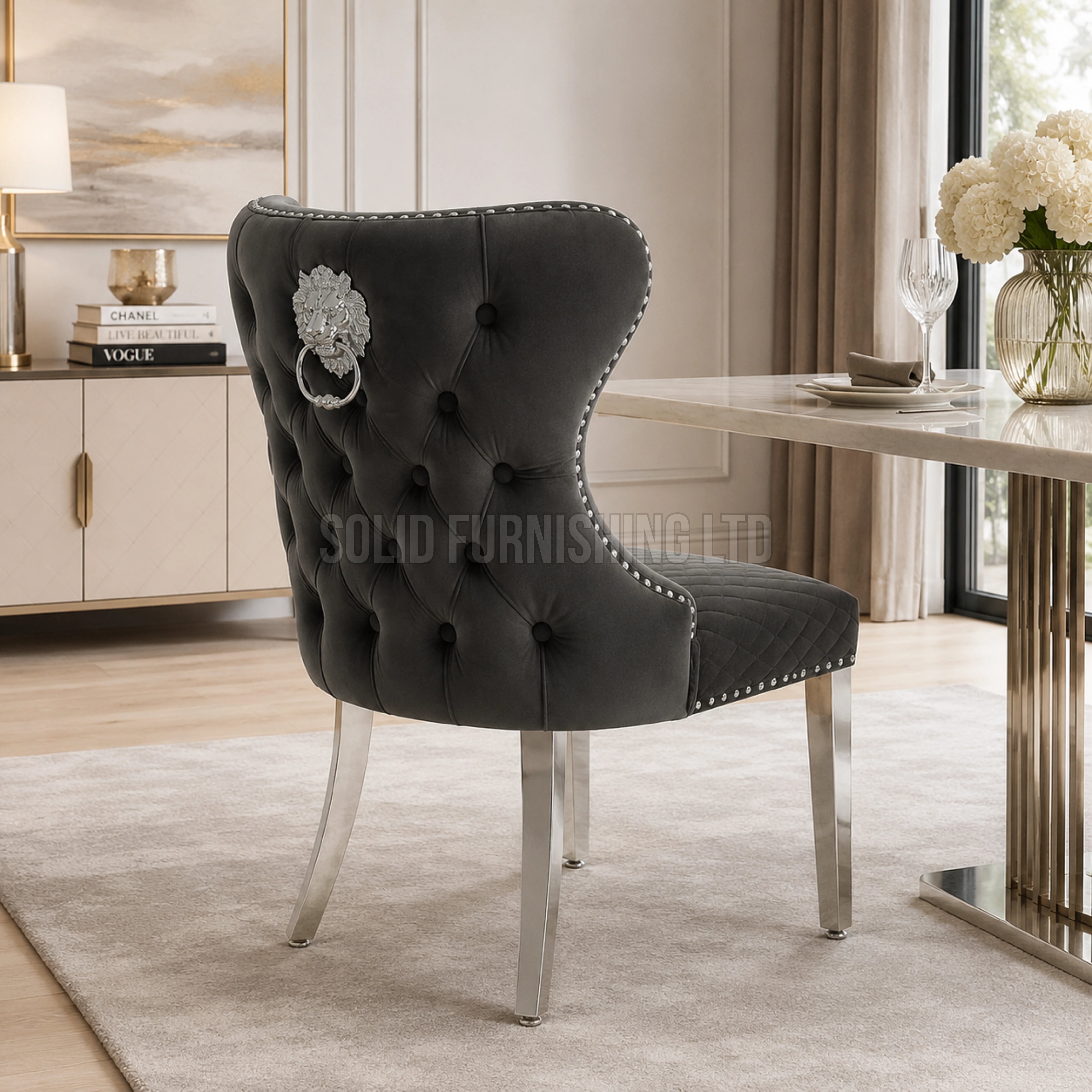 Valentino Lion Knocker Velvet Dining Chairs in Chrome Legs (Set of 2)
