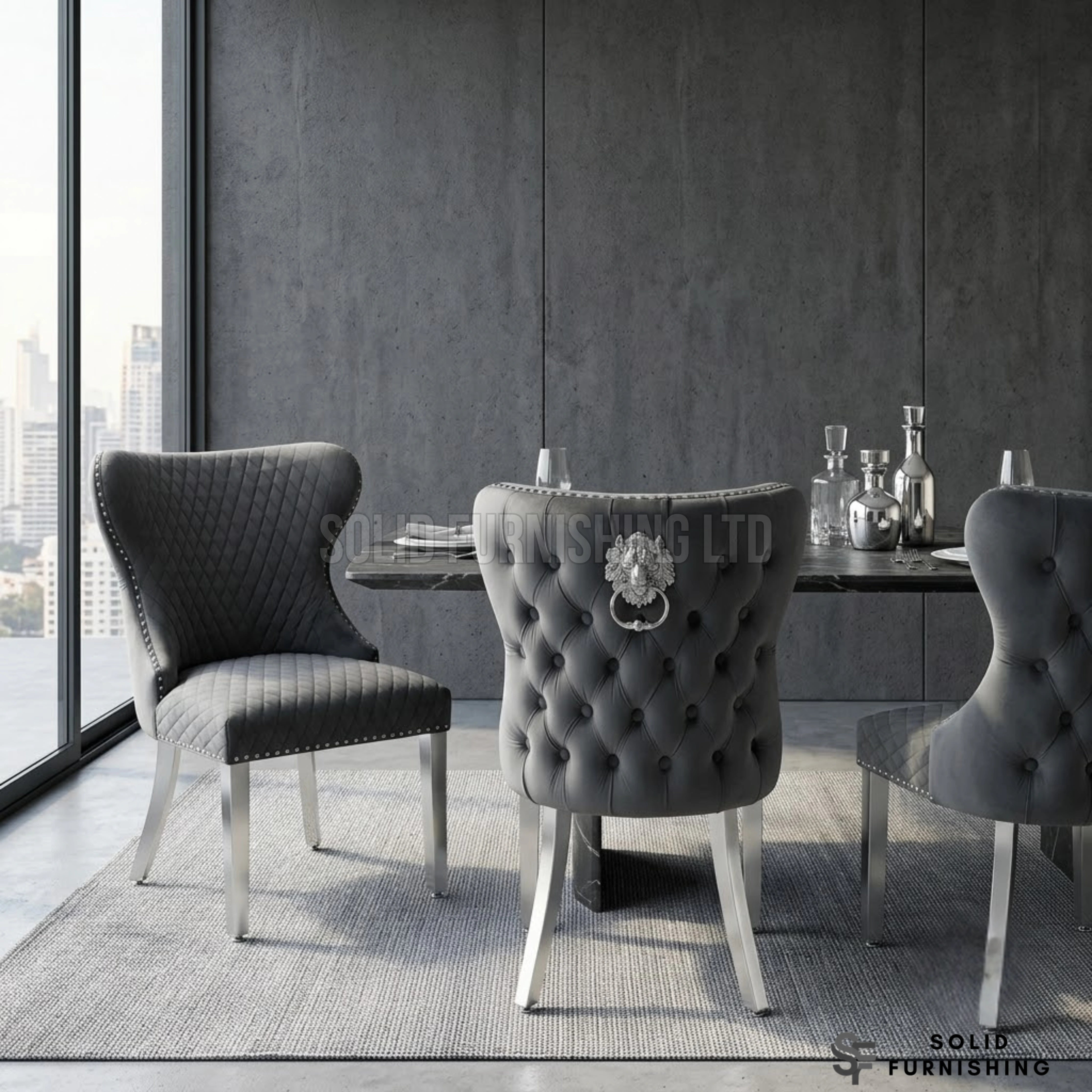 Valentino Lion Knocker Velvet Dining Chairs in Chrome Legs (Set of 2)