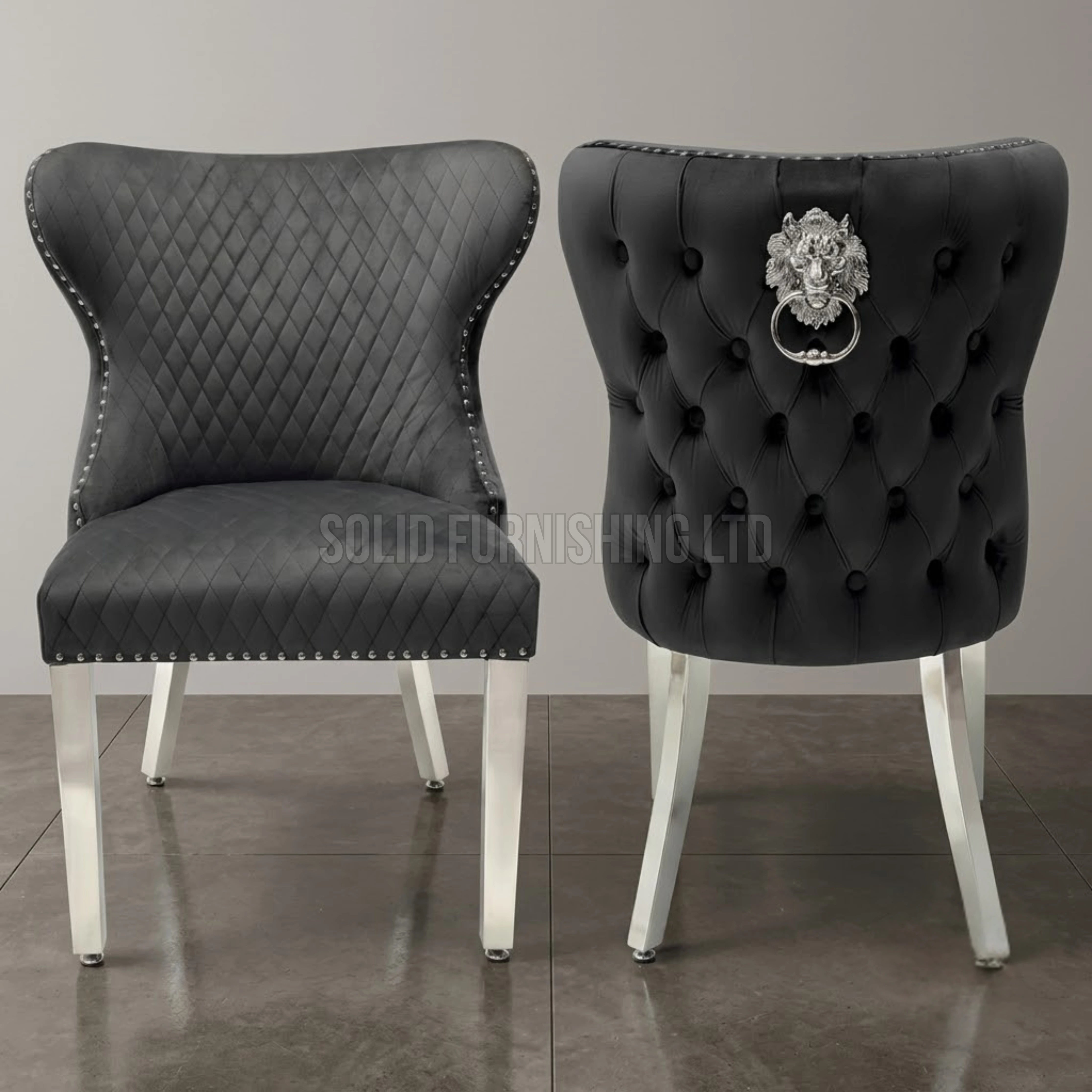 Valentino Lion Knocker Velvet Dining Chairs in Chrome Legs (Set of 2)