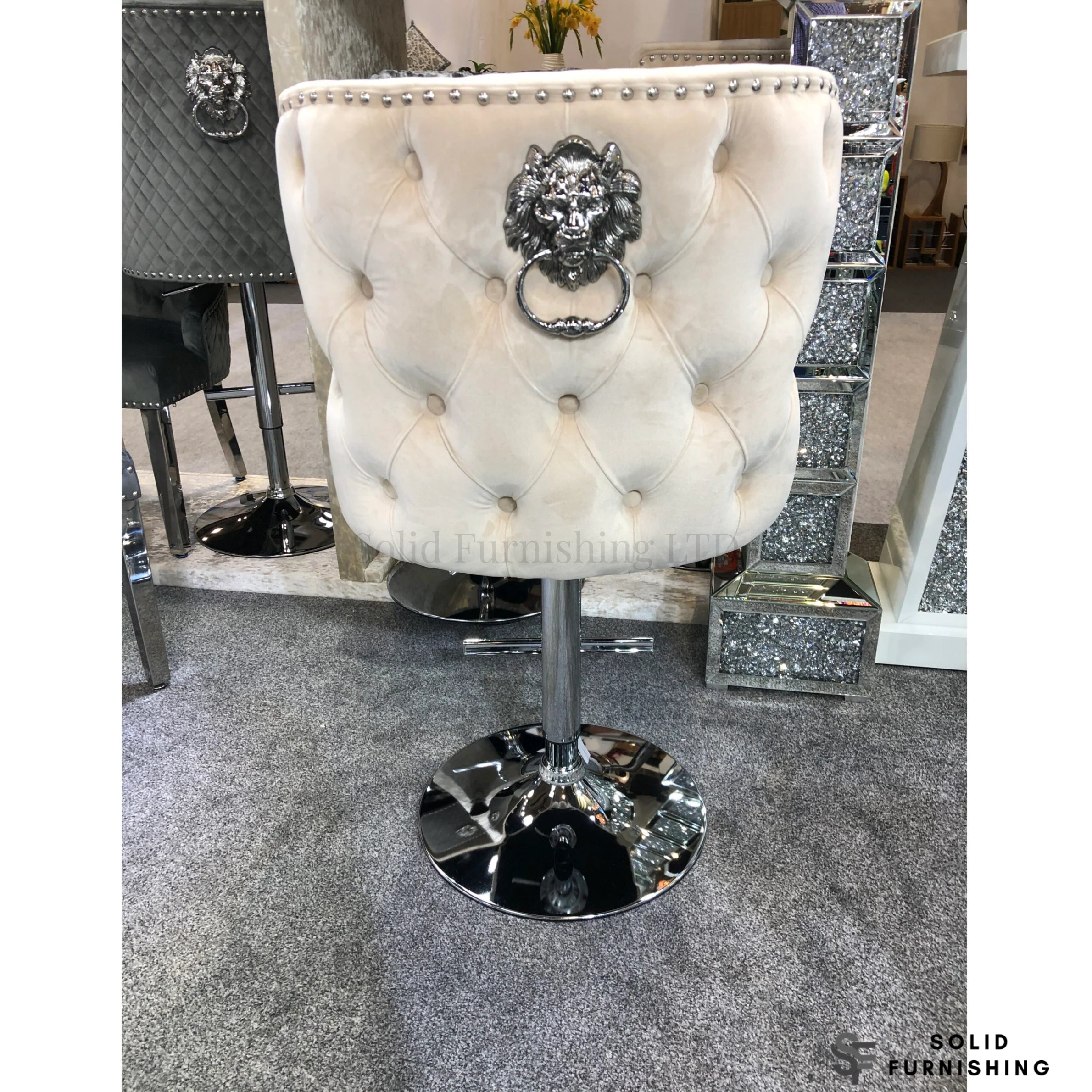 Valentino Mink Velvet Swivel Bar Stool – Chrome Lion Knocker Breakfast Bar Chair
