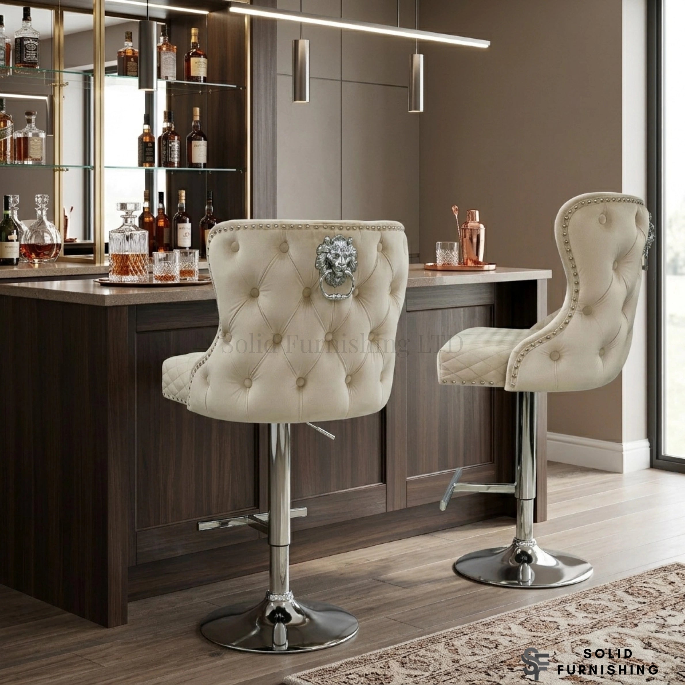 Valentino Mink Velvet Swivel Bar Stool – Chrome Lion Knocker Breakfast Bar Chair