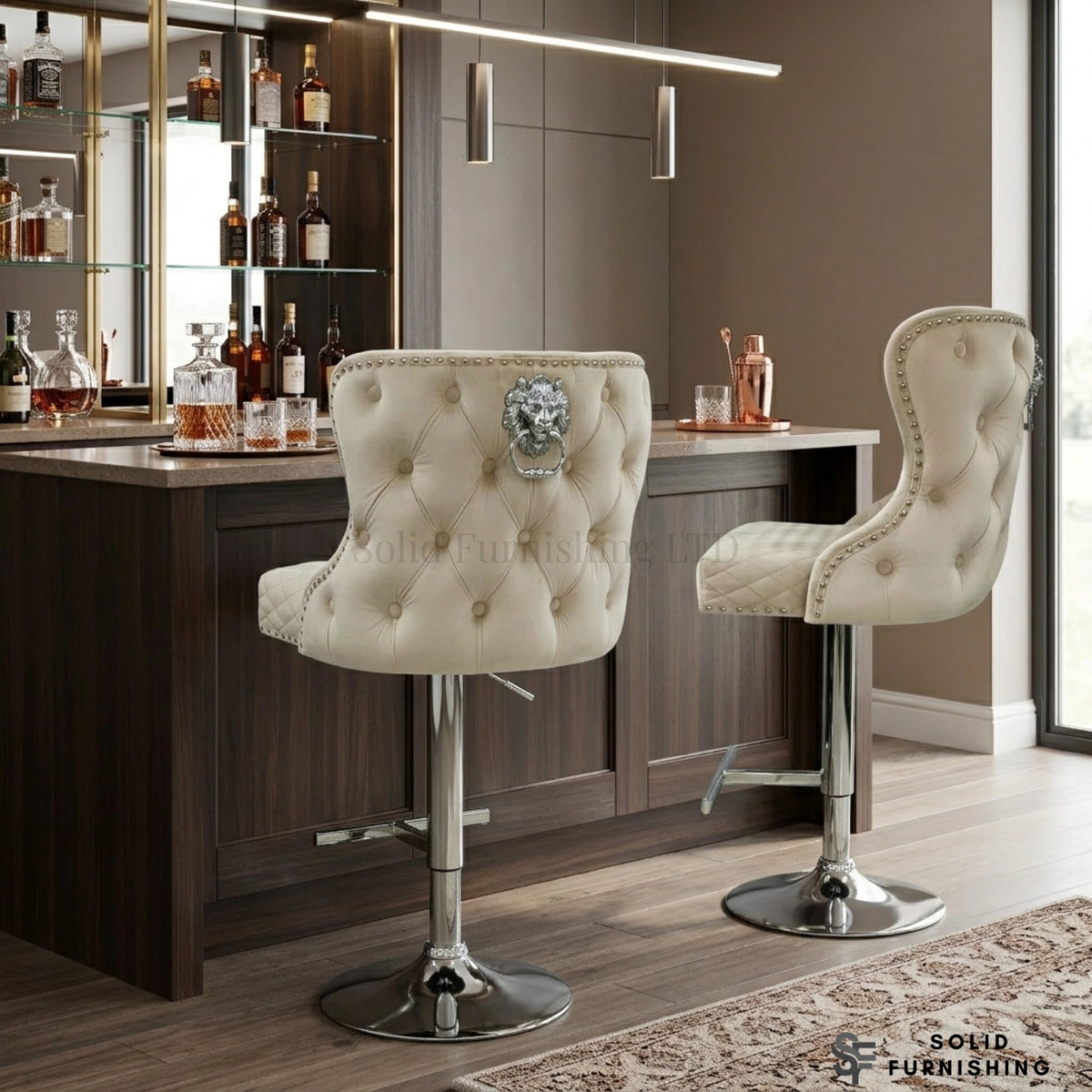 Valentino Mink Velvet Swivel Bar Stool – Chrome Lion Knocker Breakfast Bar Chair