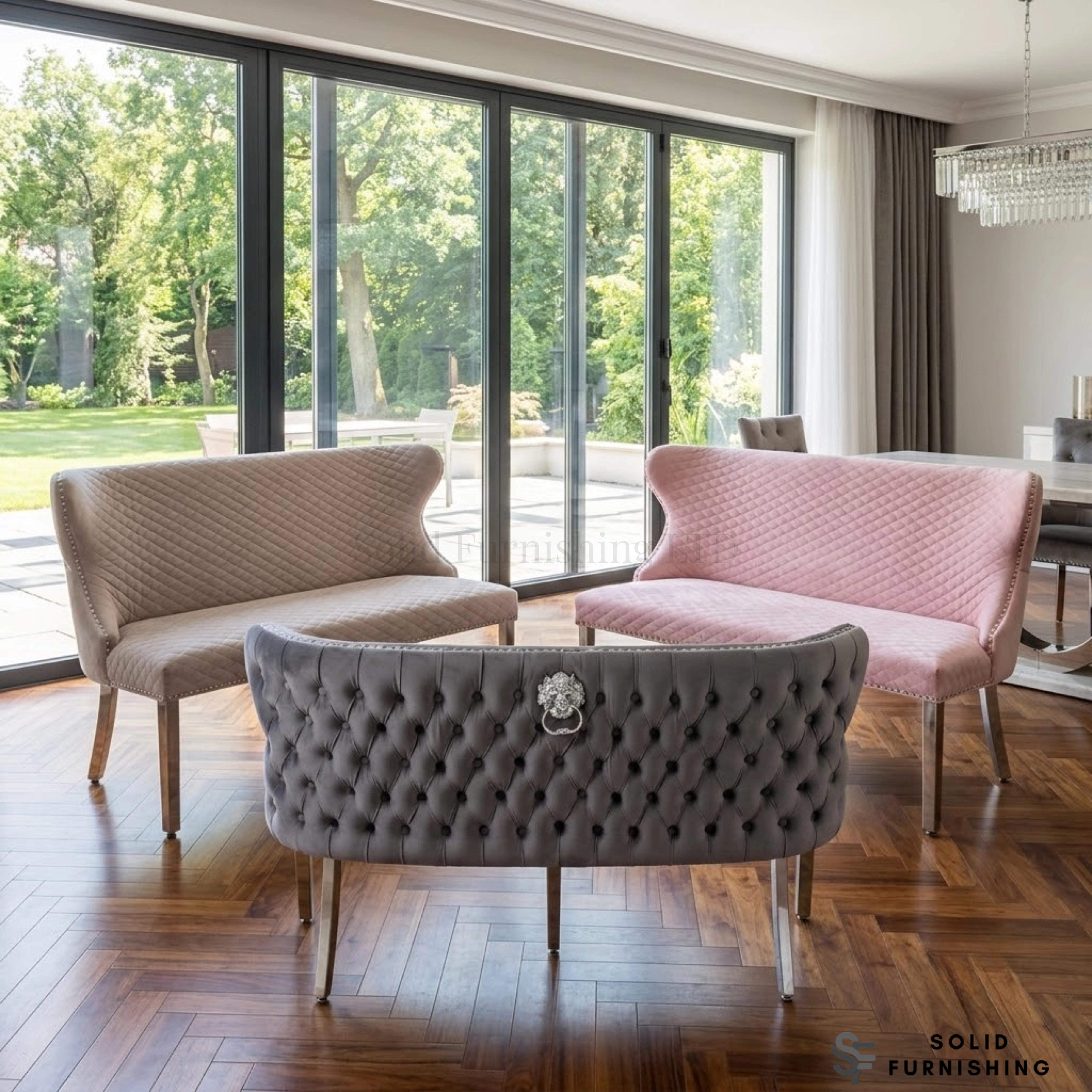 Valentino Plush Velvet Dining Bench – Quilted High Back Bench in Grey, Mink or Pink