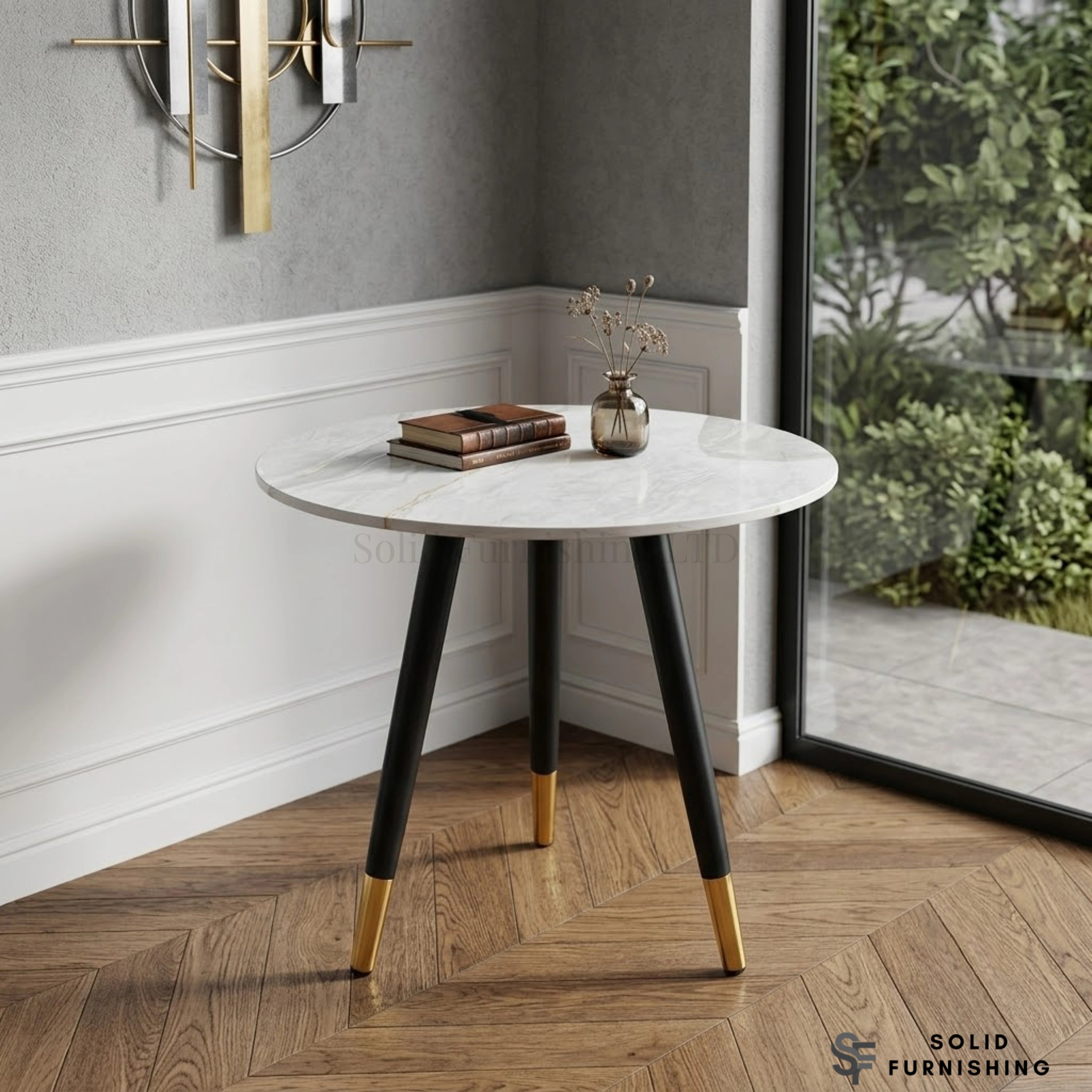 Venice Round Ceramic Side Table – Black & Gold Leg Lamp Table