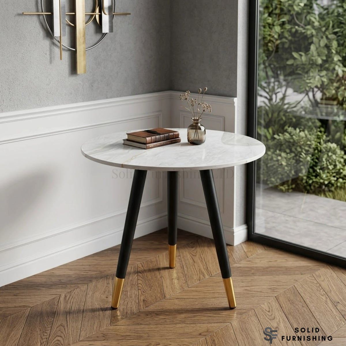Venice Round Ceramic Side Table – Black & Gold Leg Lamp Table