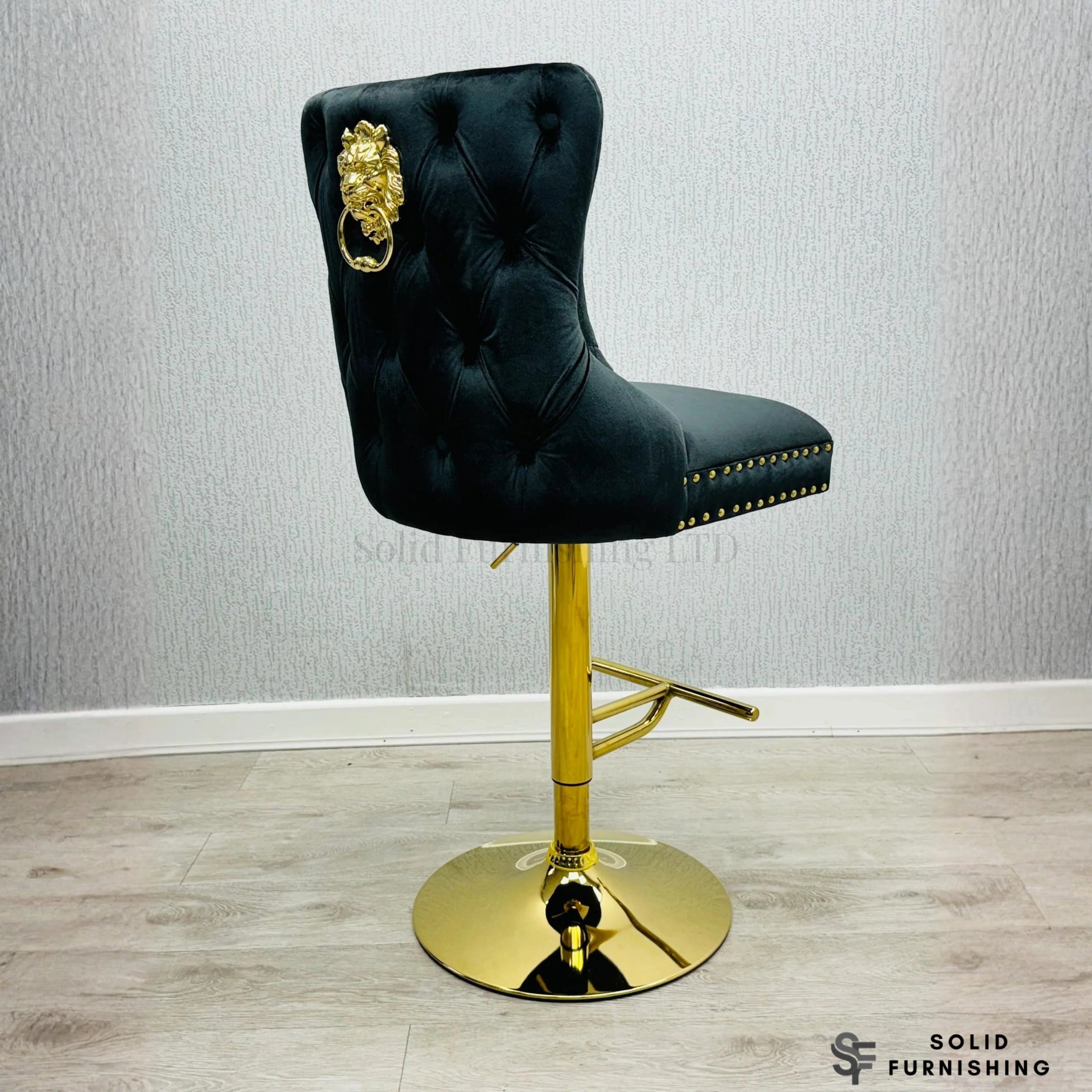 Victoria Black & Gold Velvet Bar Stool – Lion Knocker Breakfast Bar Chair (Set of 2)