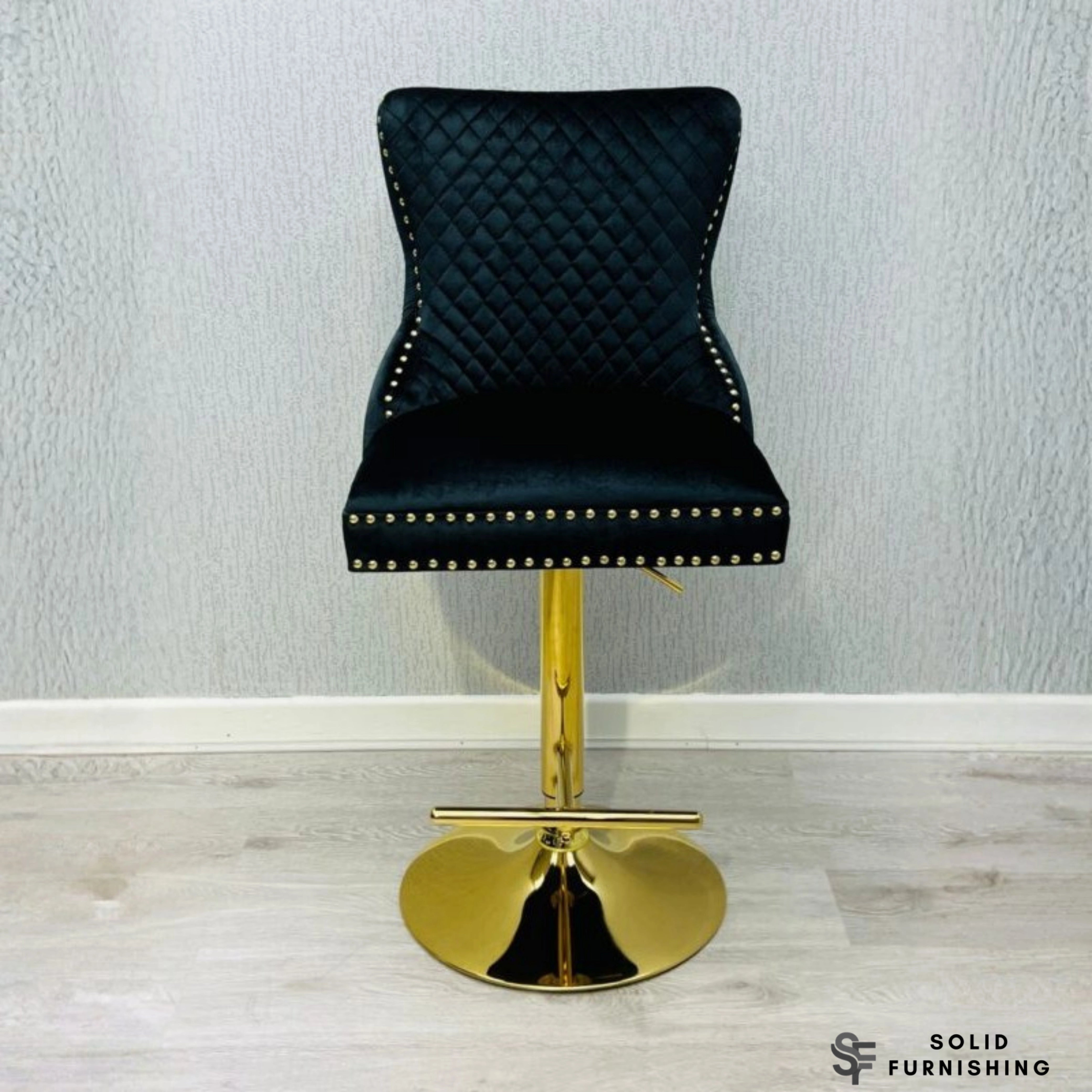 Victoria Black & Gold Velvet Bar Stool – Ring Knocker Breakfast Bar Chair (Set of 2)