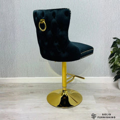 Victoria Black & Gold Velvet Bar Stool – Ring Knocker Breakfast Bar Chair (Set of 2)