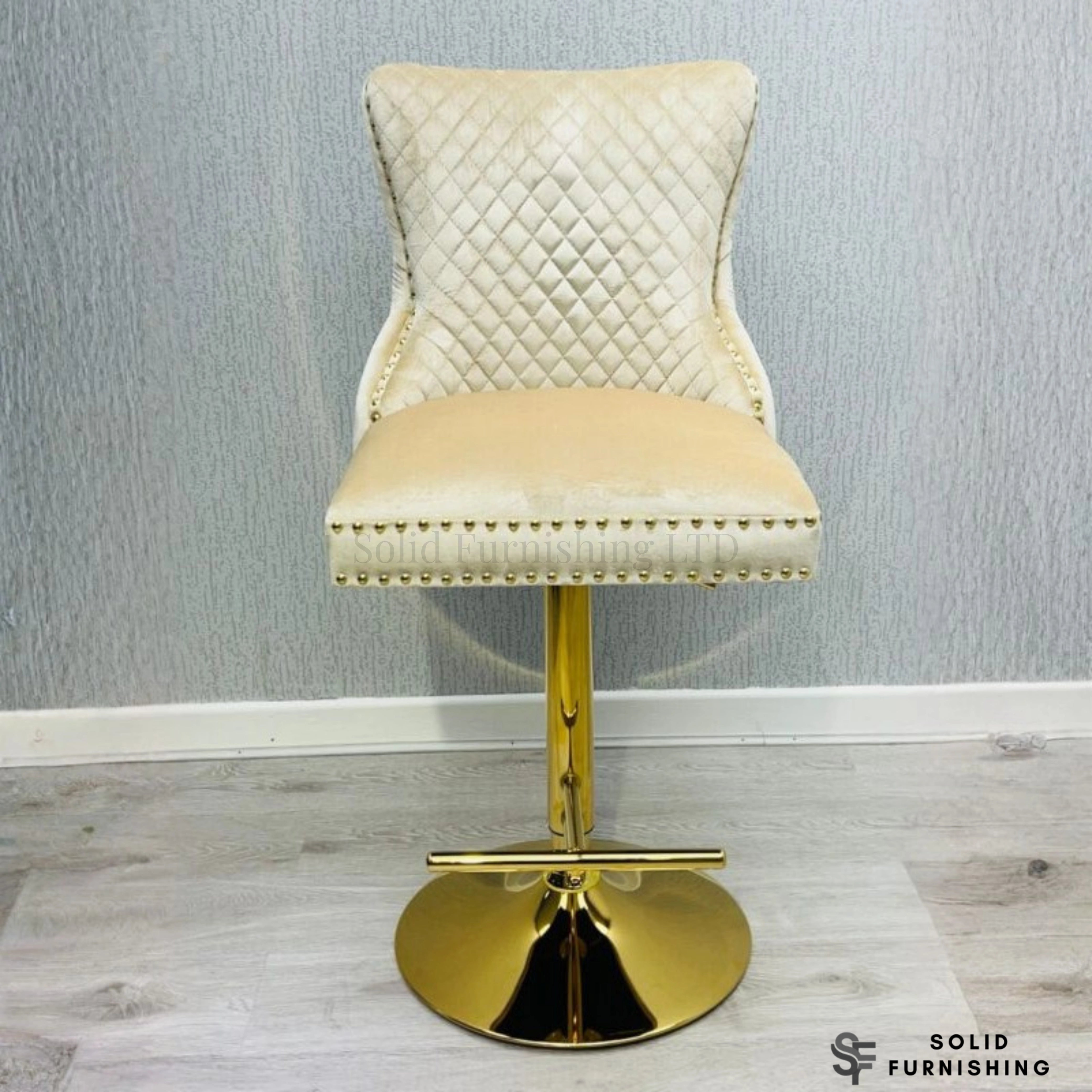 Victoria Cream & Gold Ring Knocker Bar Stools – Set of 2 Velvet Breakfast Bar Chairs