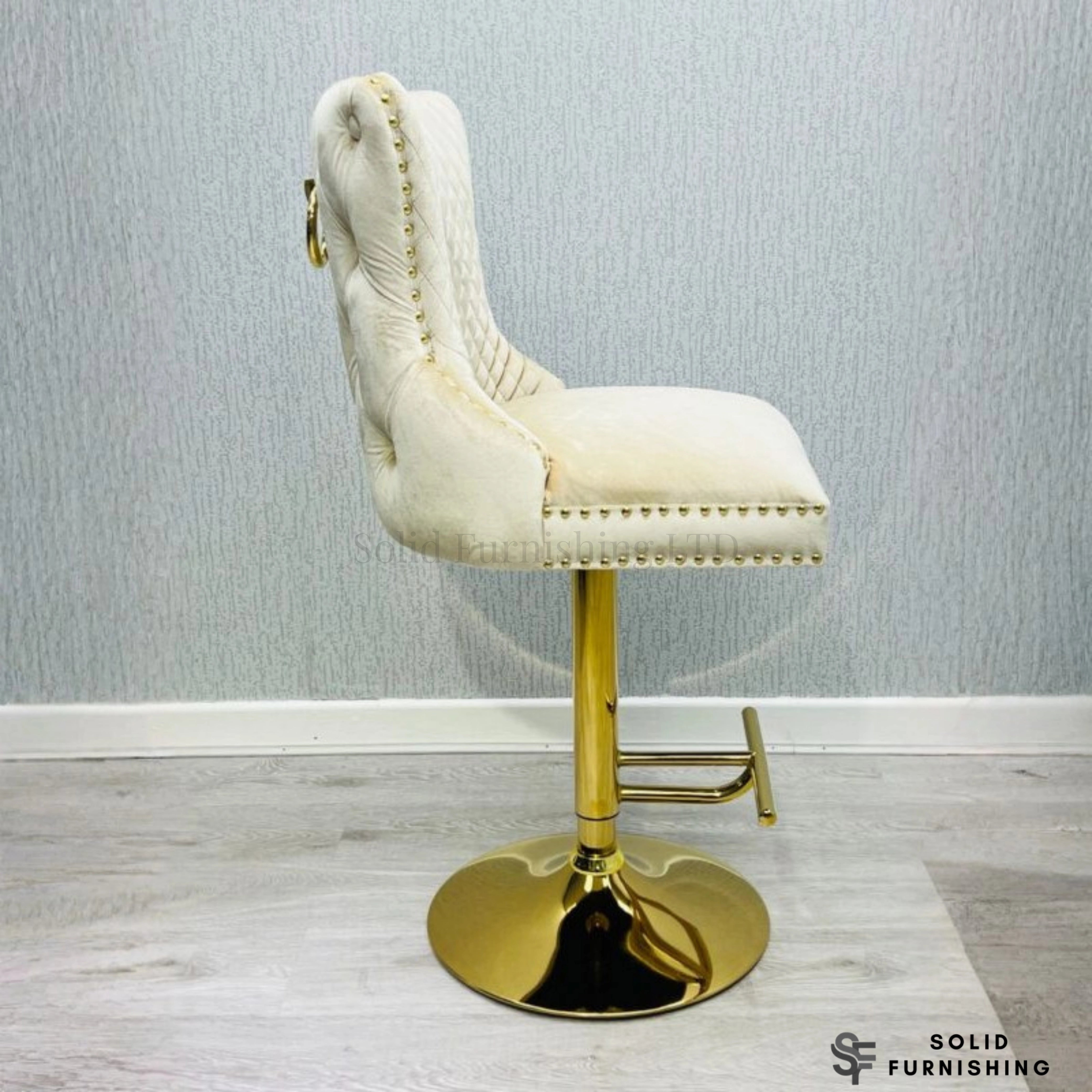 Victoria Cream & Gold Ring Knocker Bar Stools – Set of 2 Velvet Breakfast Bar Chairs