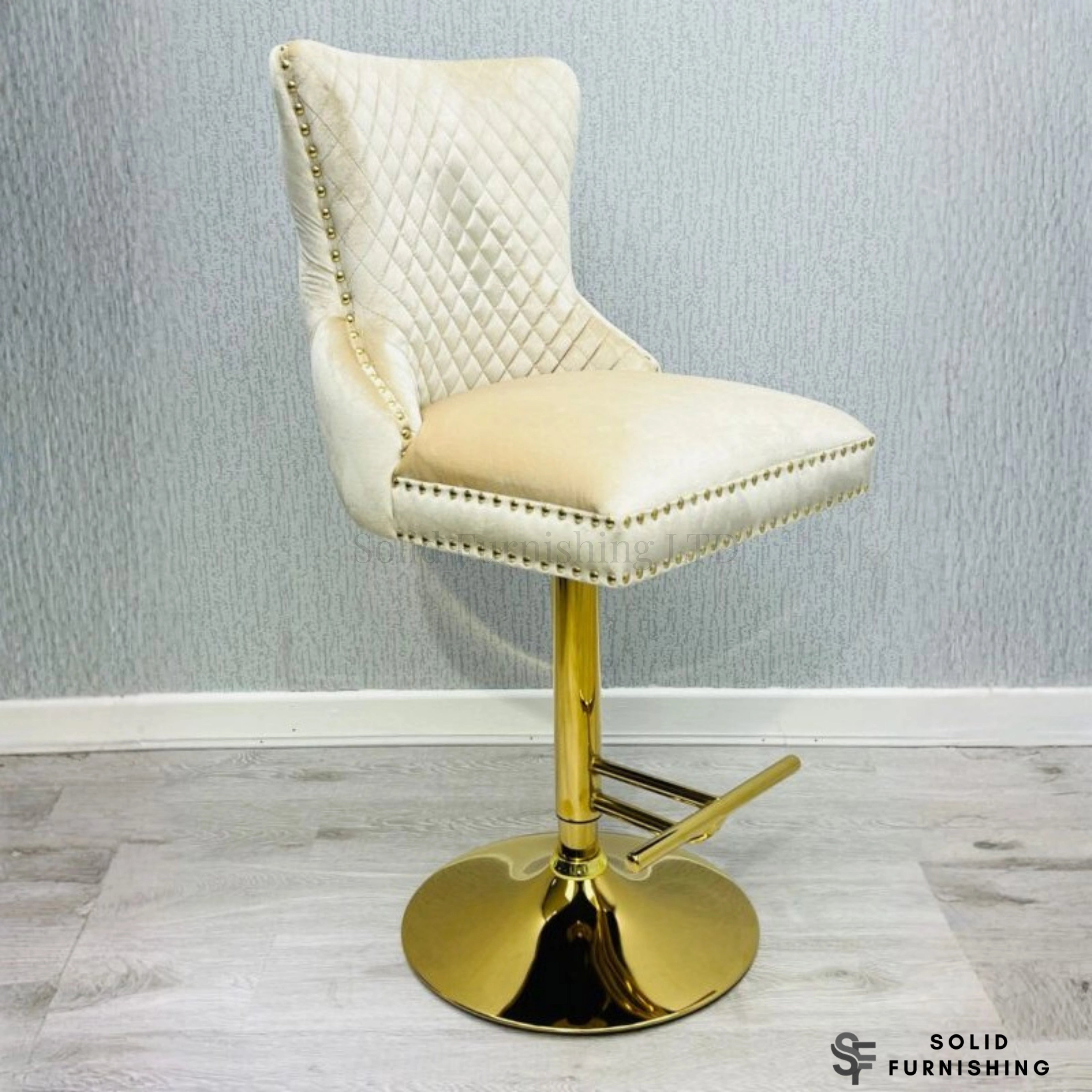 Victoria Cream & Gold Ring Knocker Bar Stools – Set of 2 Velvet Breakfast Bar Chairs