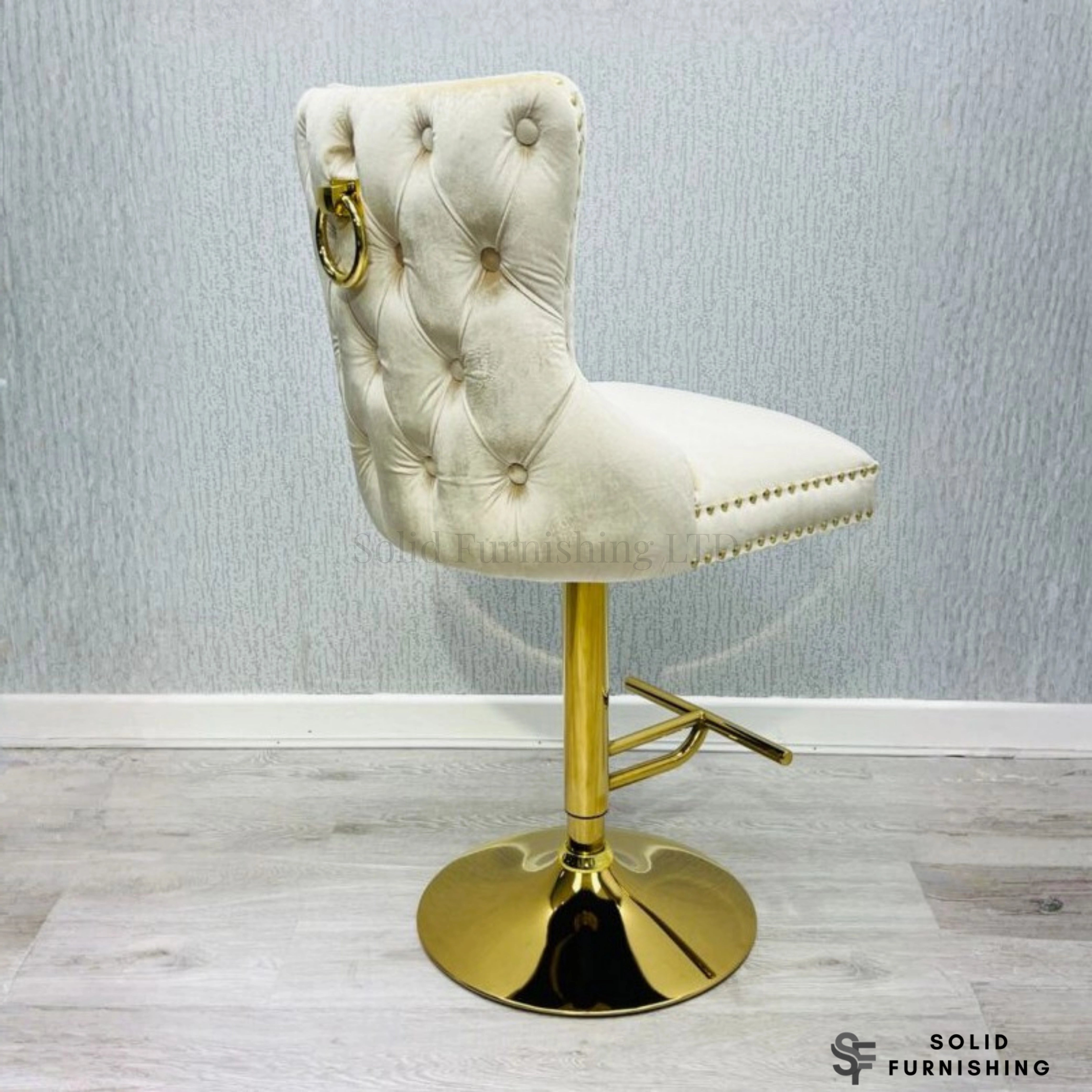Victoria Cream & Gold Ring Knocker Bar Stools – Set of 2 Velvet Breakfast Bar Chairs