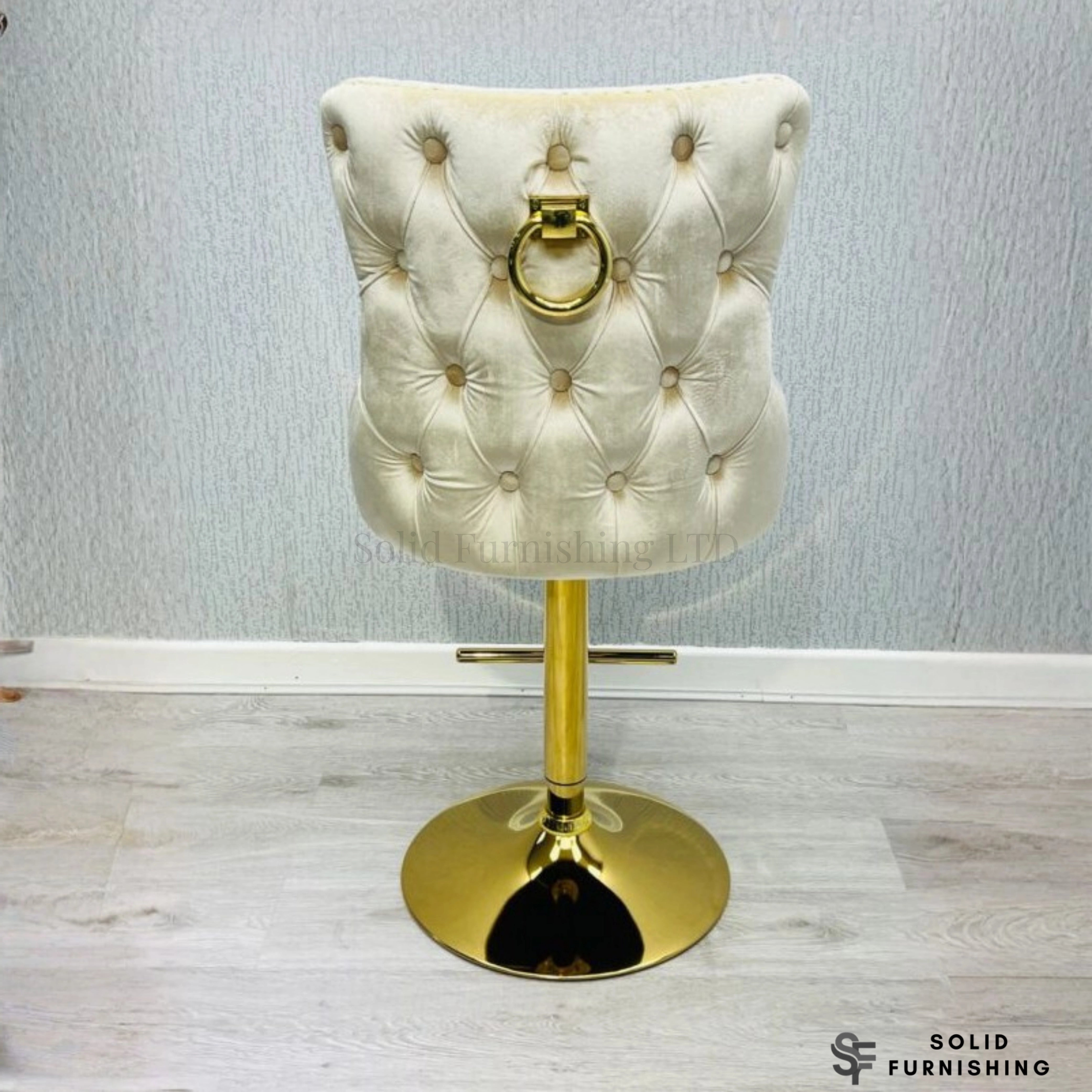 Victoria Cream & Gold Ring Knocker Bar Stools – Set of 2 Velvet Breakfast Bar Chairs