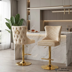 Victoria Cream & Gold Ring Knocker Bar Stools – Set of 2 Velvet Breakfast Bar Chairs