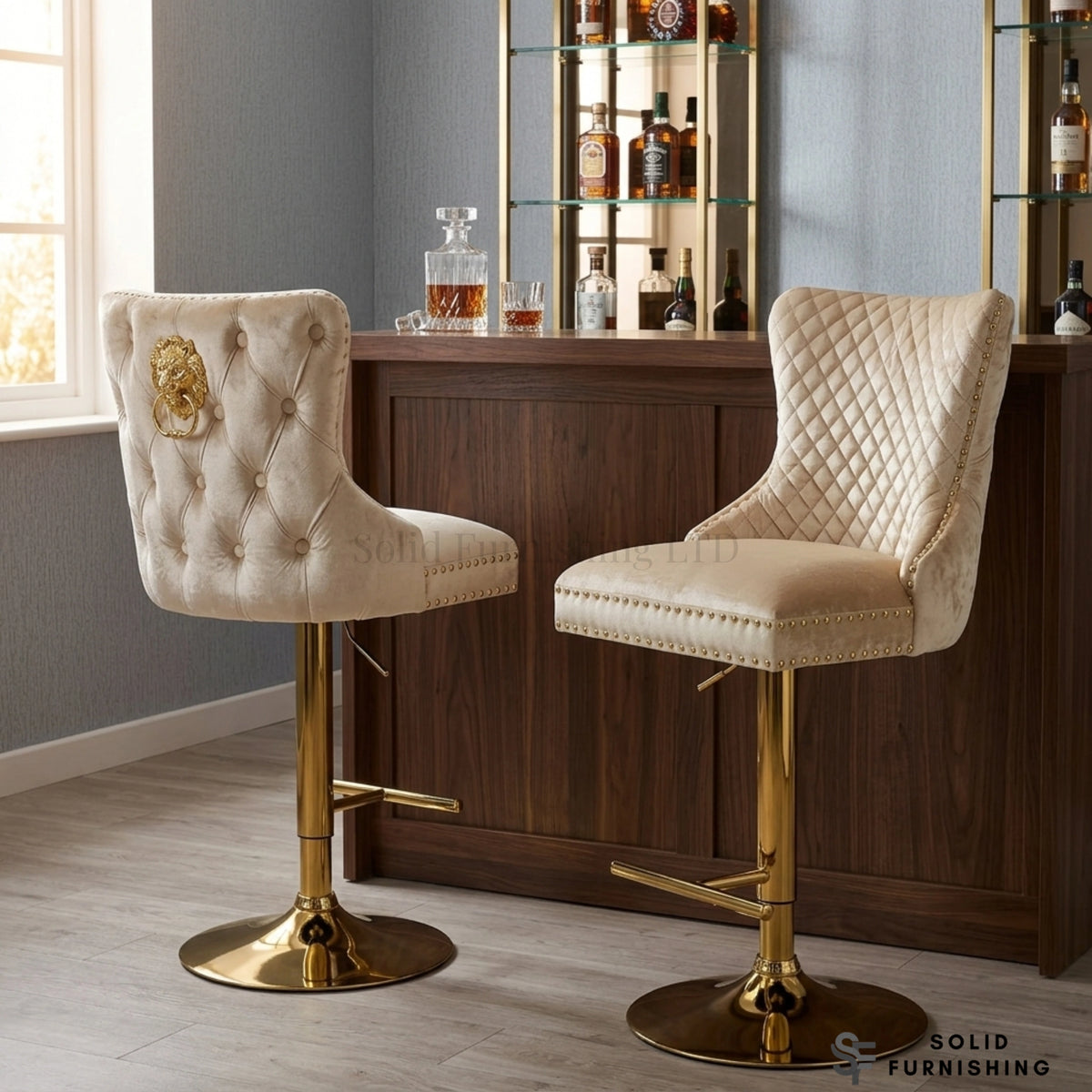 Victoria Cream & Gold Velvet Bar Stool – Lion Knocker Breakfast Bar Chair