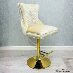 Victoria Cream & Gold Velvet Bar Stool – Lion Knocker Breakfast Bar Chair