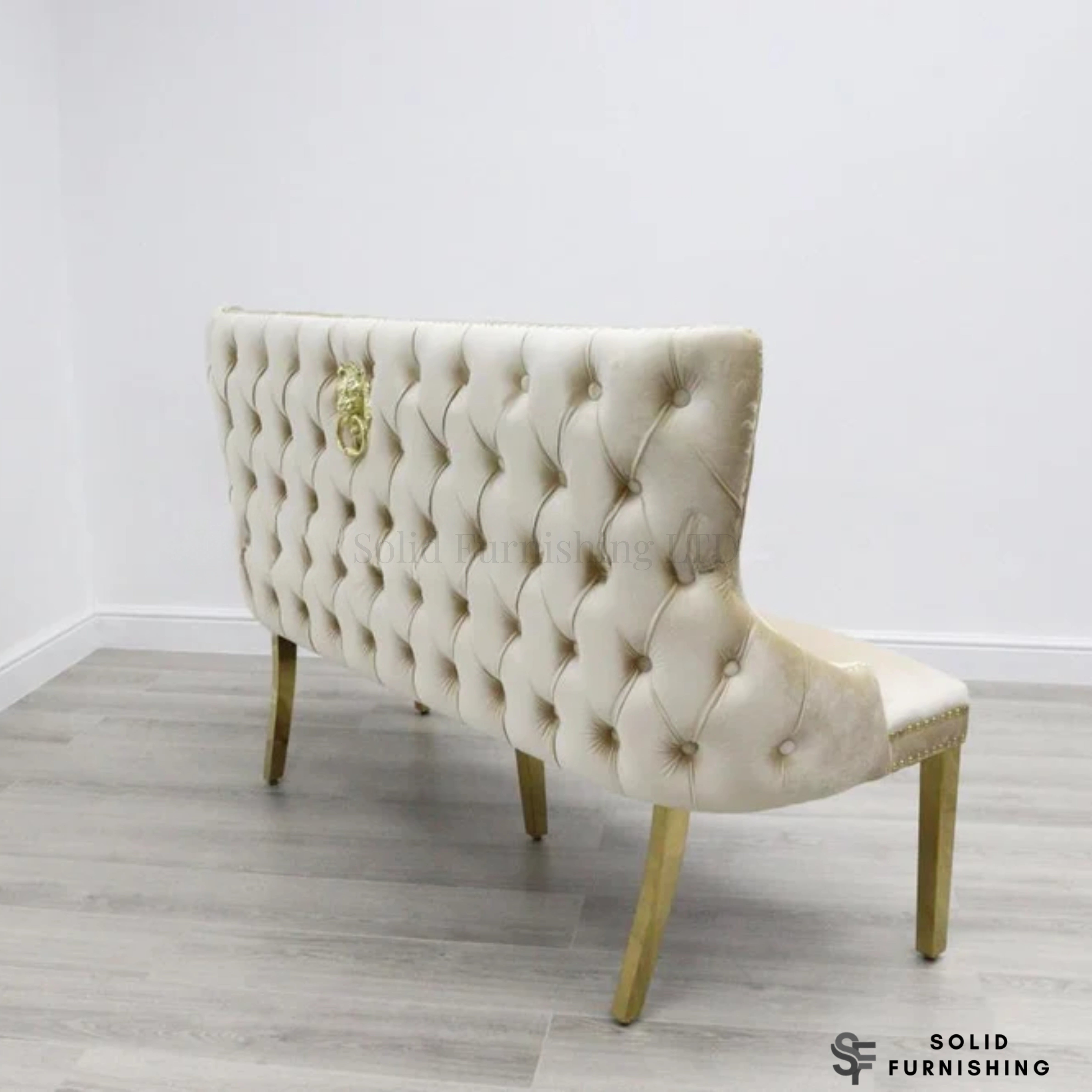 Victoria High Back Shimmer Fabric Dining Bench – Luxury Knocker Back Bench in Black Gold or Cream Gold