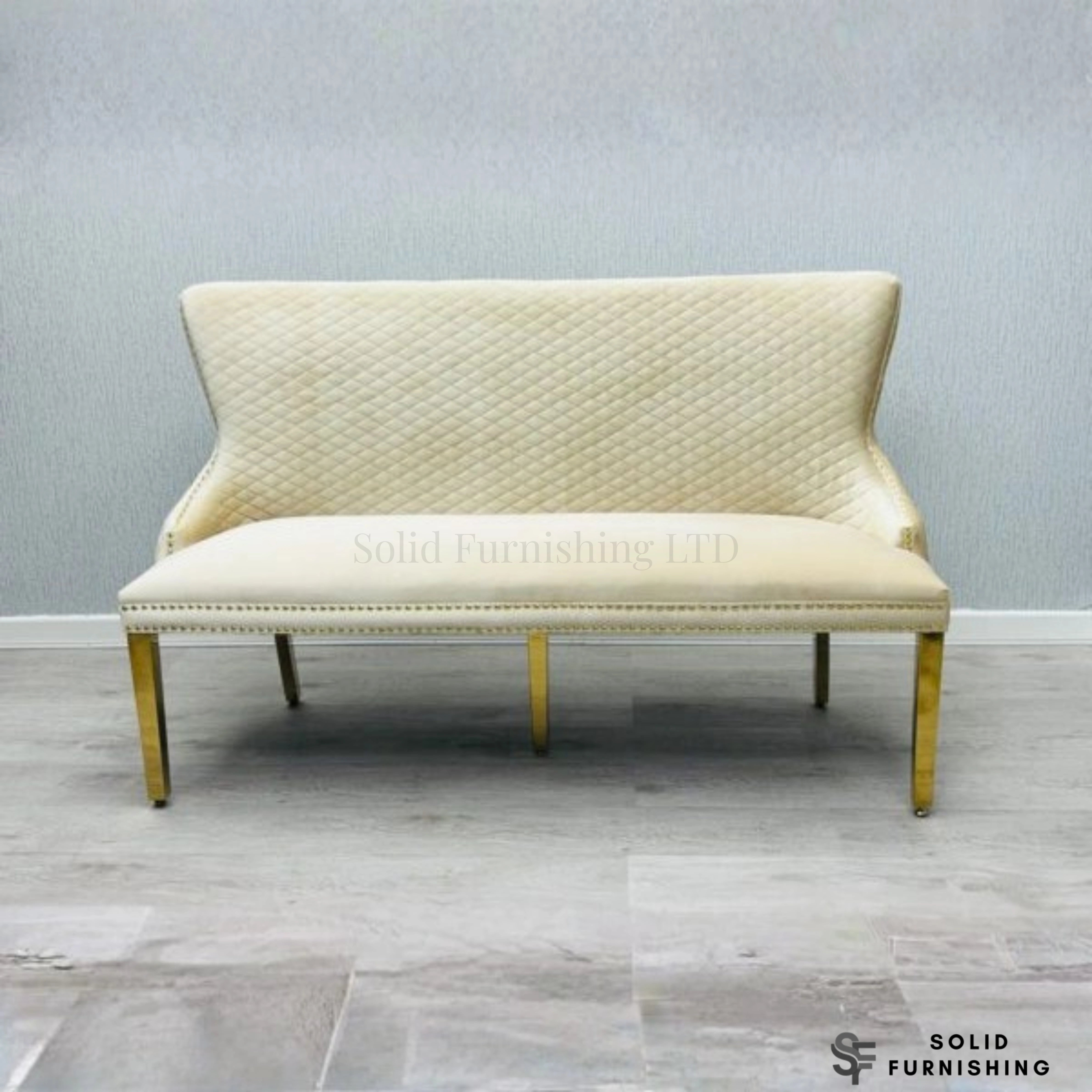 Victoria High Back Shimmer Fabric Dining Bench – Luxury Knocker Back Bench in Black Gold or Cream Gold