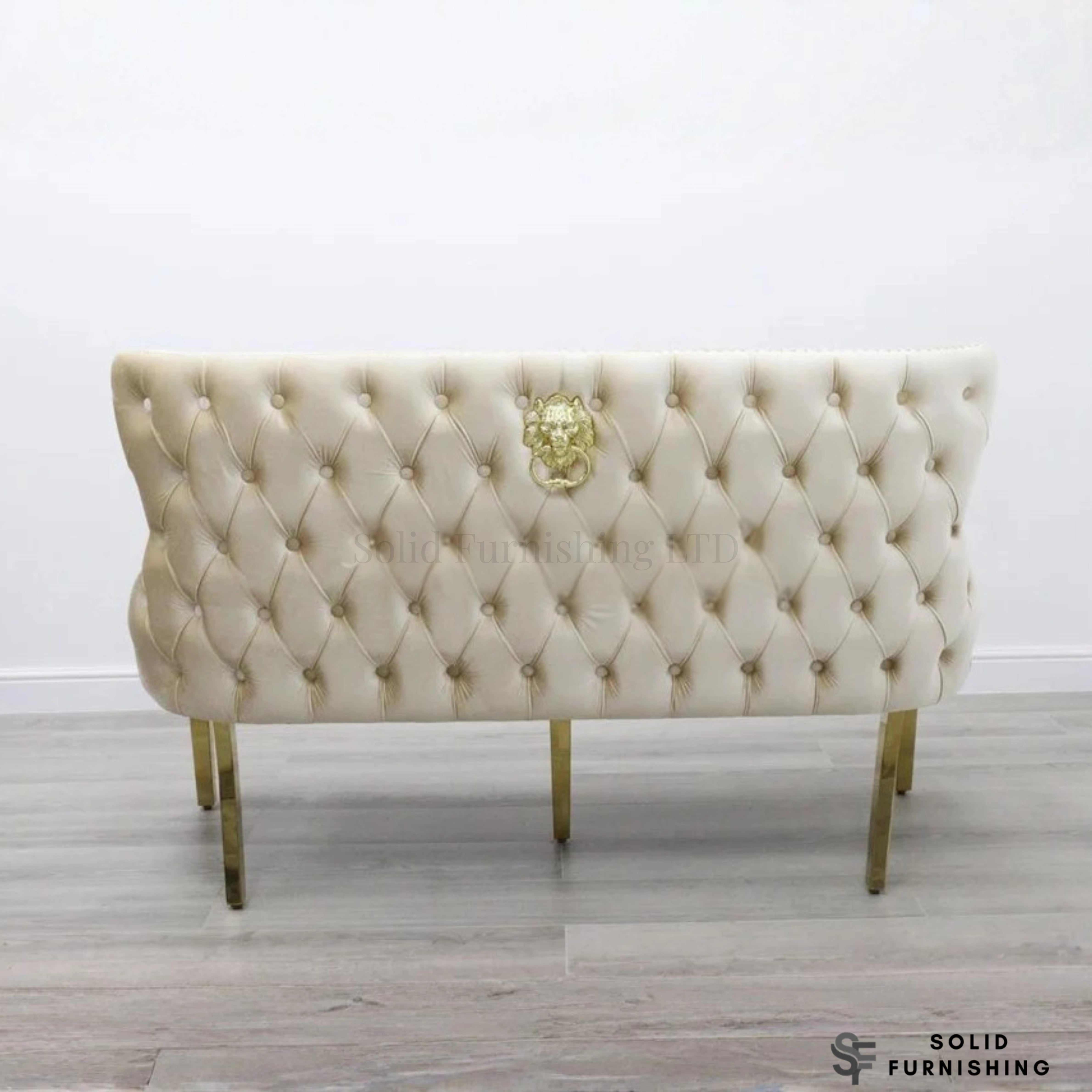 Victoria High Back Shimmer Fabric Dining Bench – Luxury Knocker Back Bench in Black Gold or Cream Gold