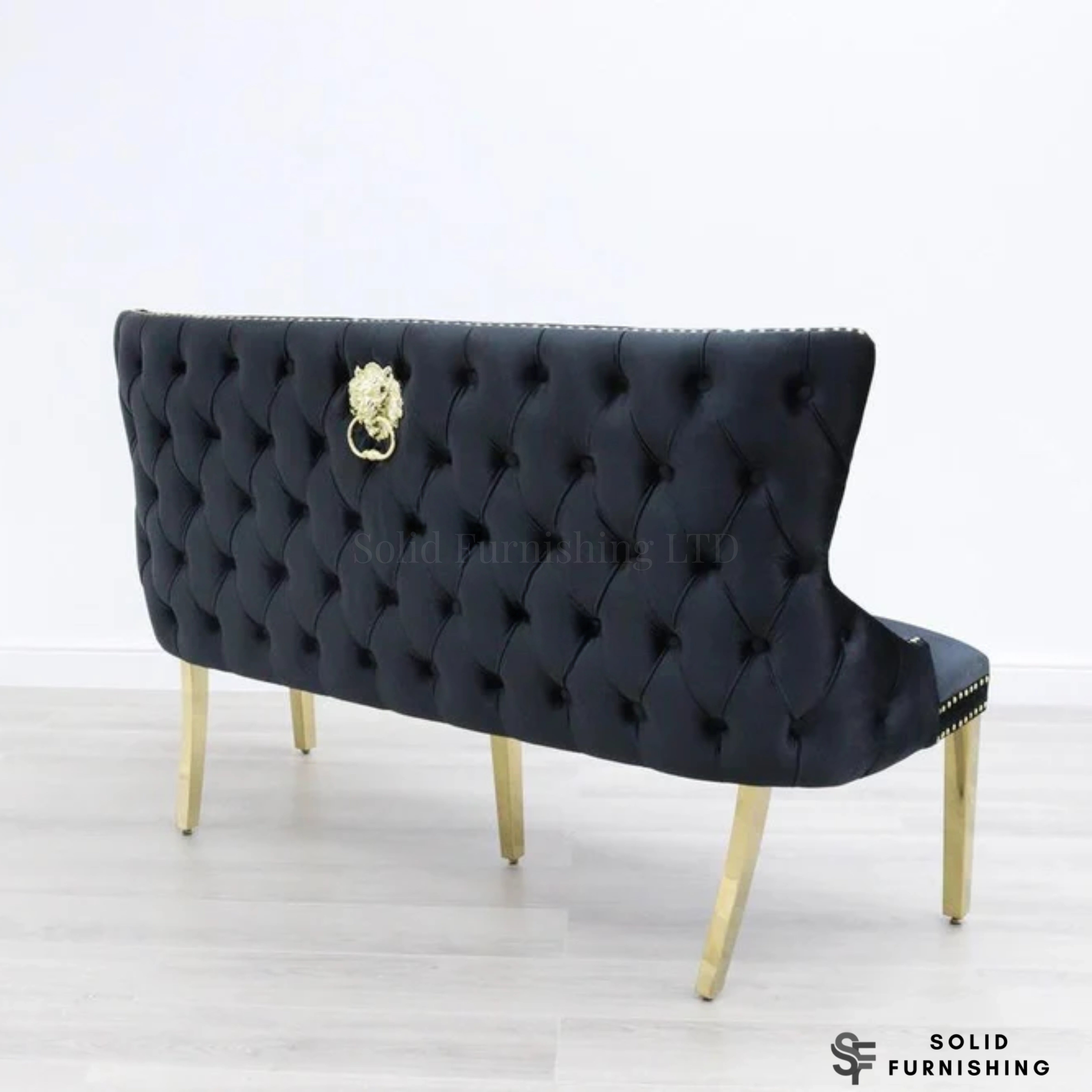 Victoria High Back Shimmer Fabric Dining Bench – Luxury Knocker Back Bench in Black Gold or Cream Gold