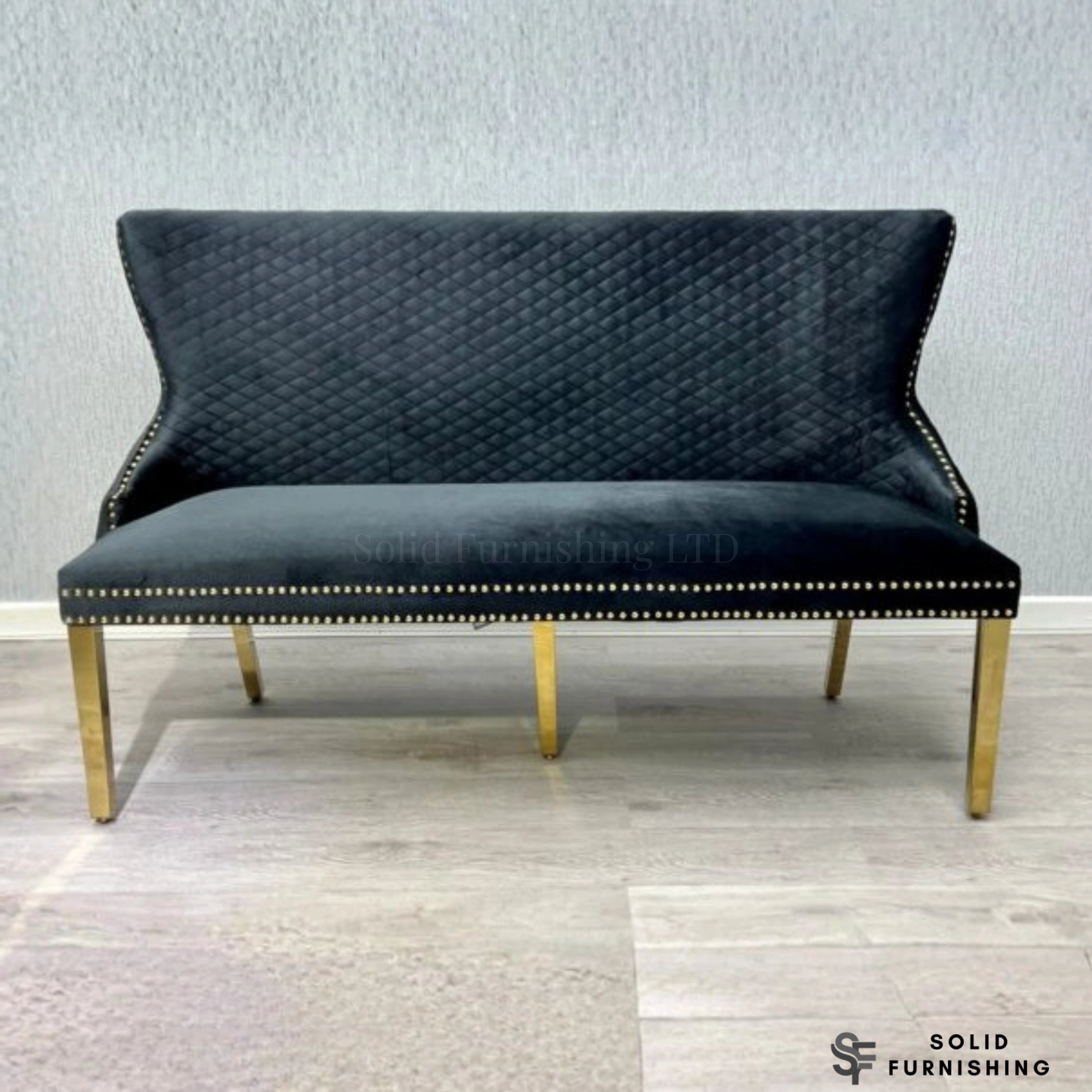Victoria High Back Shimmer Fabric Dining Bench – Luxury Knocker Back Bench in Black Gold or Cream Gold