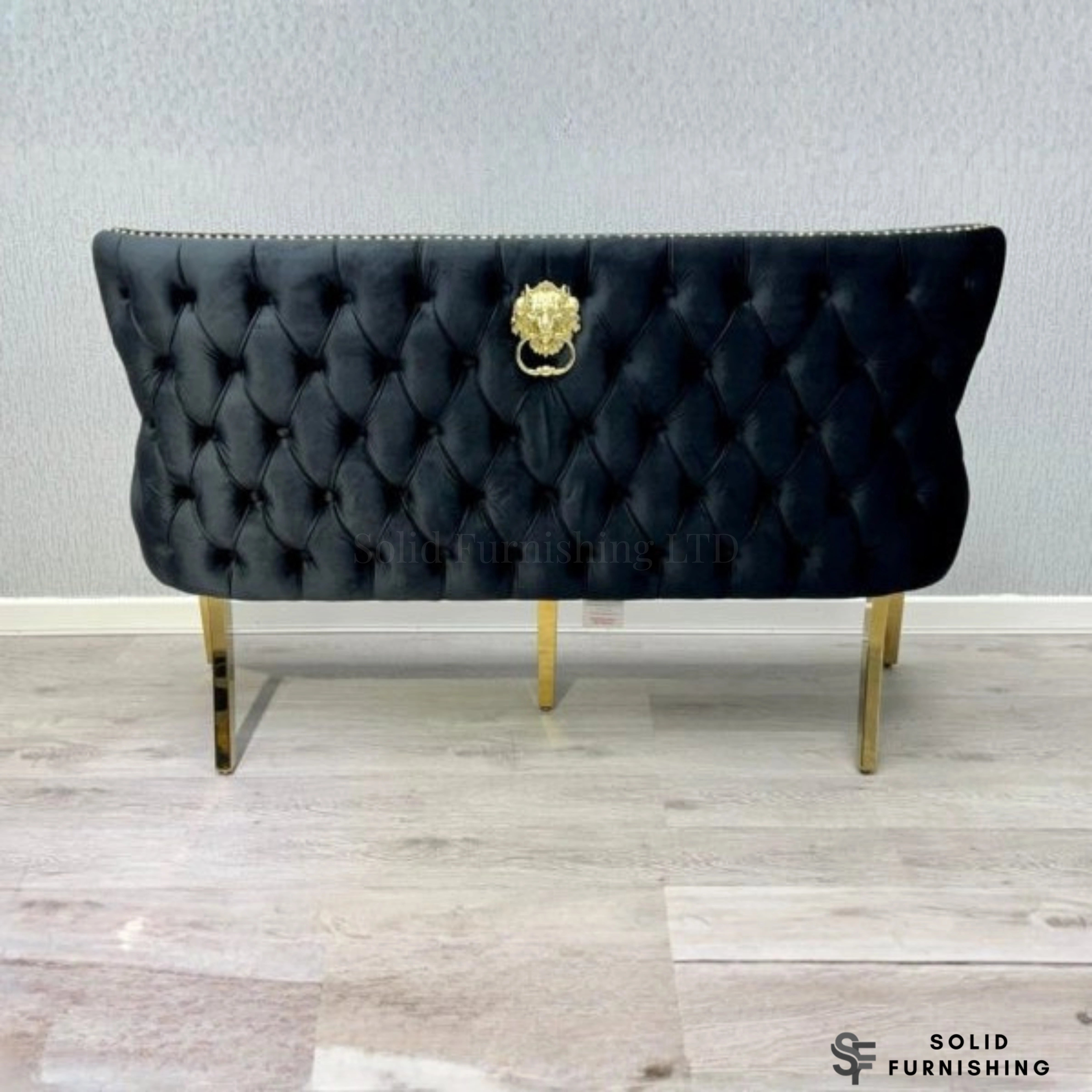 Victoria High Back Shimmer Fabric Dining Bench – Luxury Knocker Back Bench in Black Gold or Cream Gold